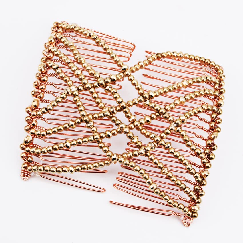 WowObjects® Stretchy Magic Elastic Hair Clips - Double Hair Combs for Women & Girls | Golden Hair Accessories for Ponytails, Braids & Updos