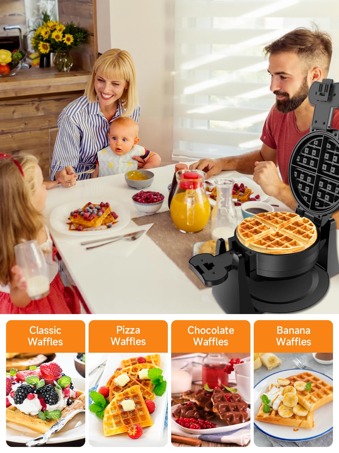 Professional 1400W Double Belgian Waffle Maker with 180° Flip - 8 Slice Nonstick Rotating Plates, Removable Drip Tray & Cool Touch Handles - Perfect for Breakfast, Brunch, and Family Gatherings - Space Saving Black Waffle Iron for Home & Restaurant Use
