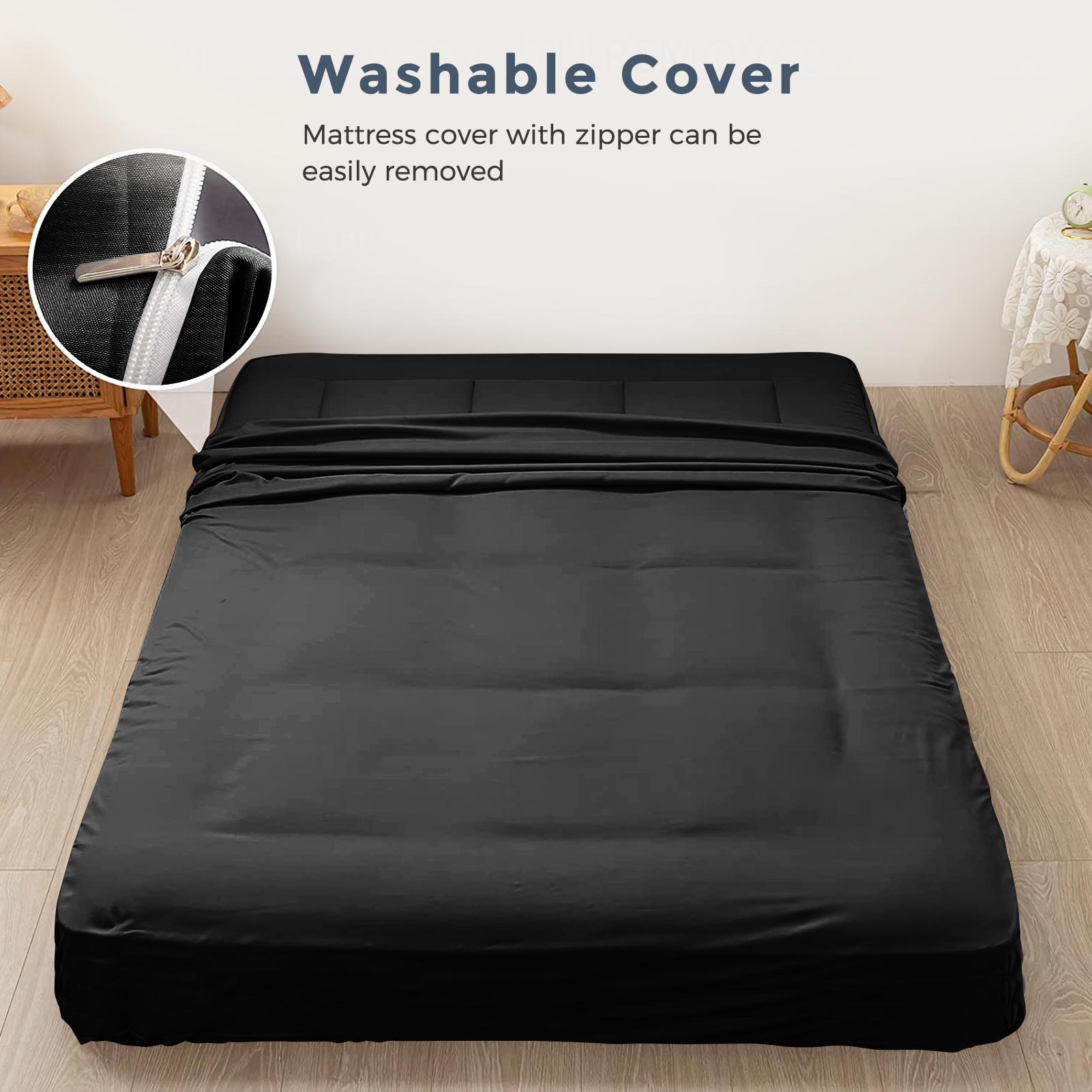 MAXYOYO 6-Inch Extra Thick Floor Futon Mattress - Black | Foldable Guest Bed, Dorm Room Essentials, Camping & Home Office Sleeping Solution