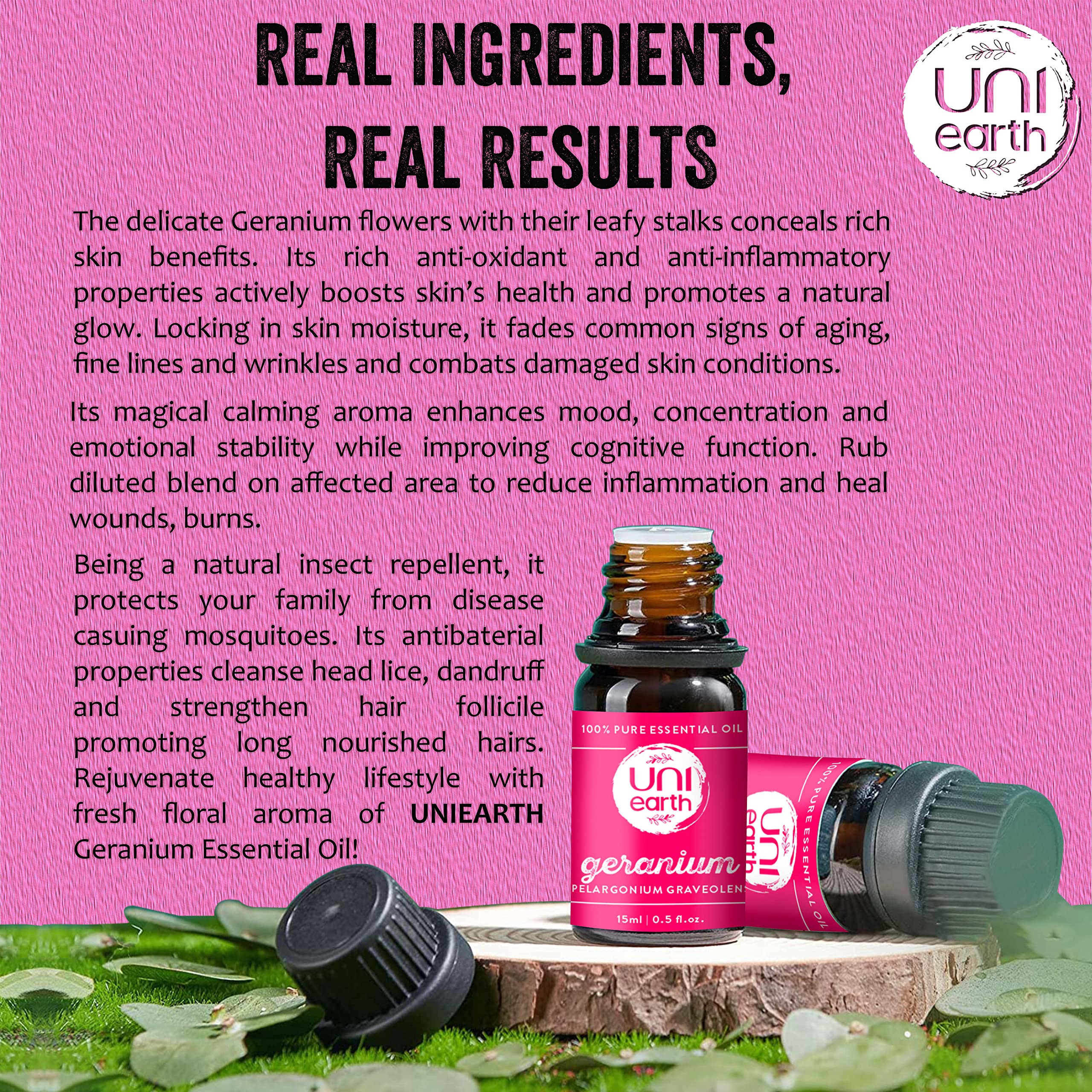 Uniearth 100% Pure Therapeutic Grade Geranium Essential Oil - 15mL for Skin & Hair Care, Reduces Acne & Hair Loss, Fades Age Spots & Scars | Natural Insect Repellent | Perfect for Aromatherapy, Massage & DIY Beauty Products