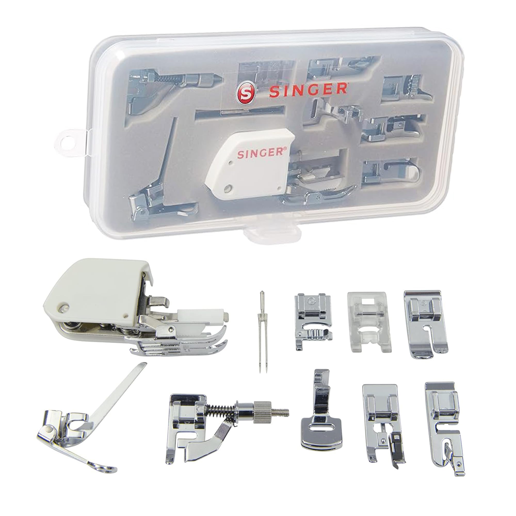 SINGER 9-Piece Presser Foot Sewing Machine Accessory Kit with Twin Needle - Universal Fit for Household & Multi-Function Sewing Machines - Clear Durable Storage Case - Perfect for Quilting, Mending, Patchwork, Dressmaking & DIY Sewing Projects