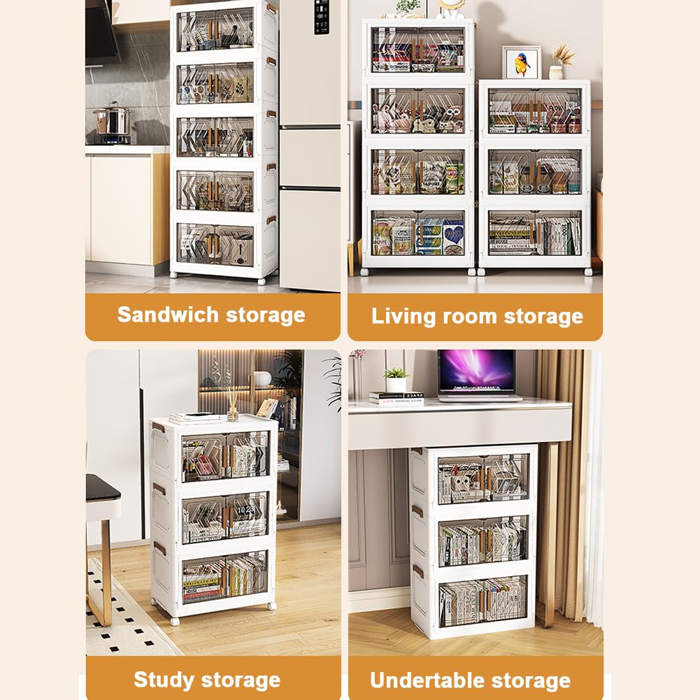 4-Tier Stackable Storage Bins with Lids, Doors & Wheels - Foldable Storage Cabinet Shelf Organizer for Bedroom, Living Room, Office - Perfect for Clothes, Toys, Books & Home Organization