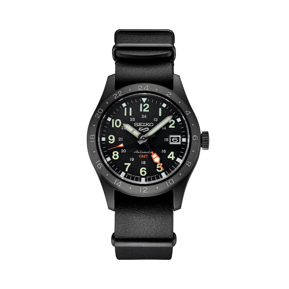 SSK025 5 Sports Field GMT 39.4mm Men's Watch - Black Dial with Genuine Leather Strap - Waterproof Automatic Watch for Travel, Business & Outdoor Activities