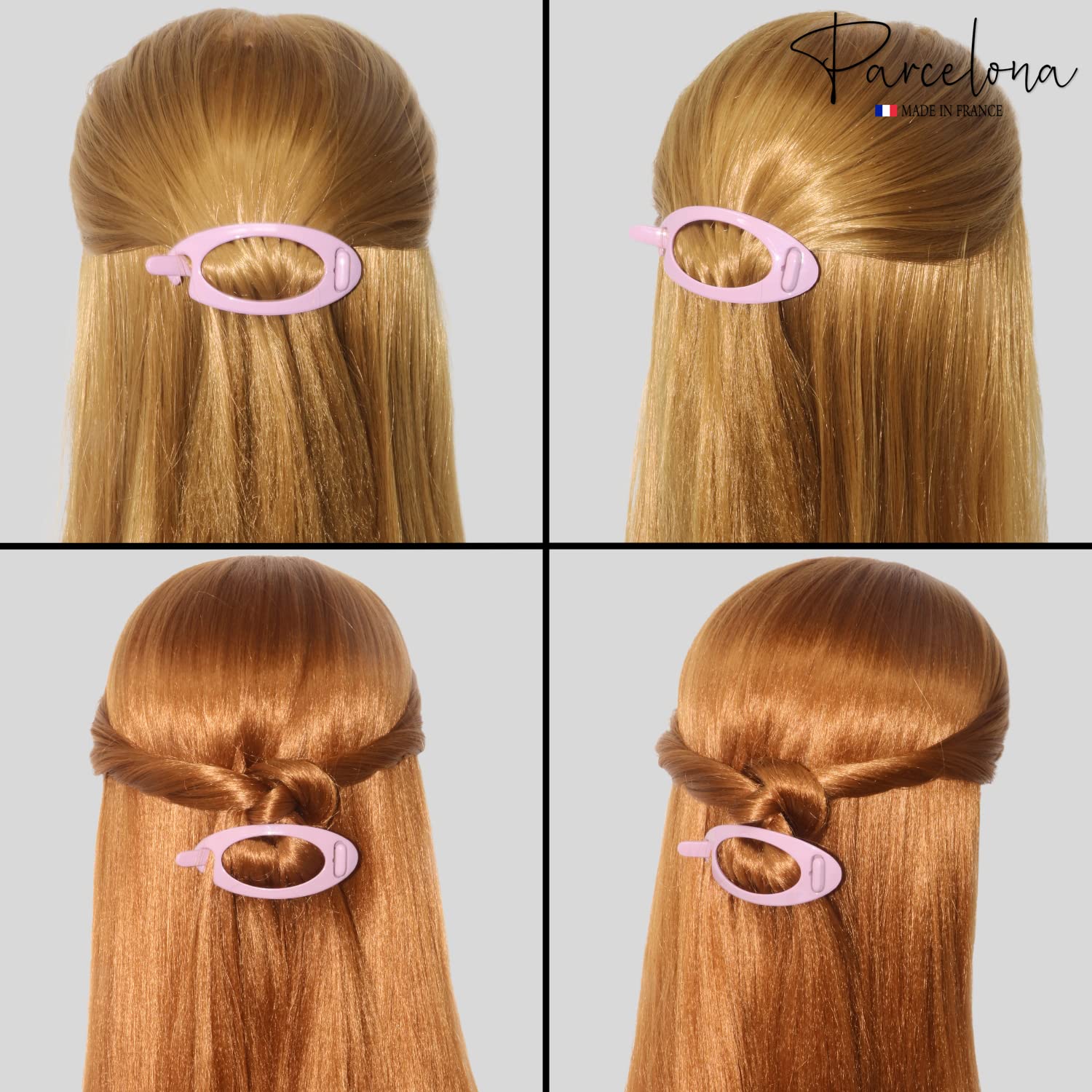 French Plain Oval Small Celluloid Hair Barrette Clips - Metal Free Women's Hair Accessories Made in France (Light Pink, 3.25 Inch) - Perfect for Weddings, Parties & Everyday Elegant Hairstyles