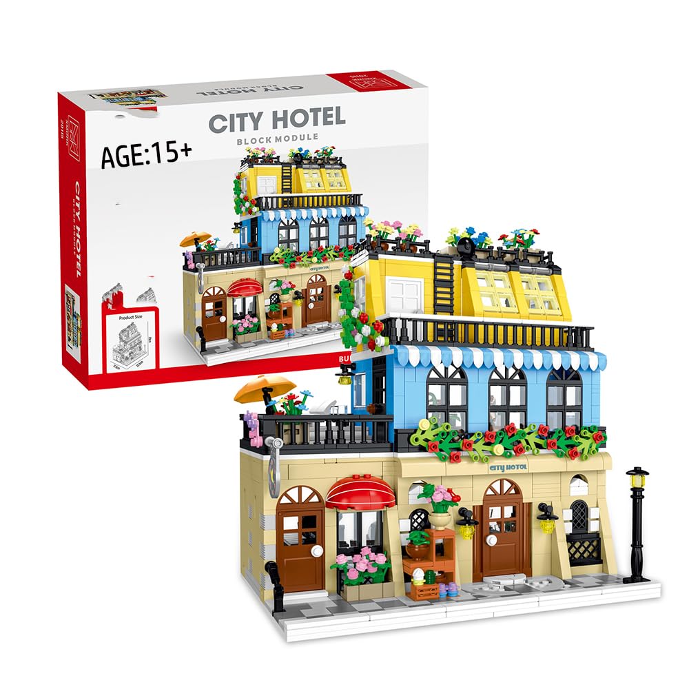 Modular City Hotel Building Blocks Set with LED Lights - 1464pcs MOC Construction Kit for Teens & Adults | Collectible Display Model, Lego-Compatible | Perfect for Home Decoration, Gift Giving & Creative Play
