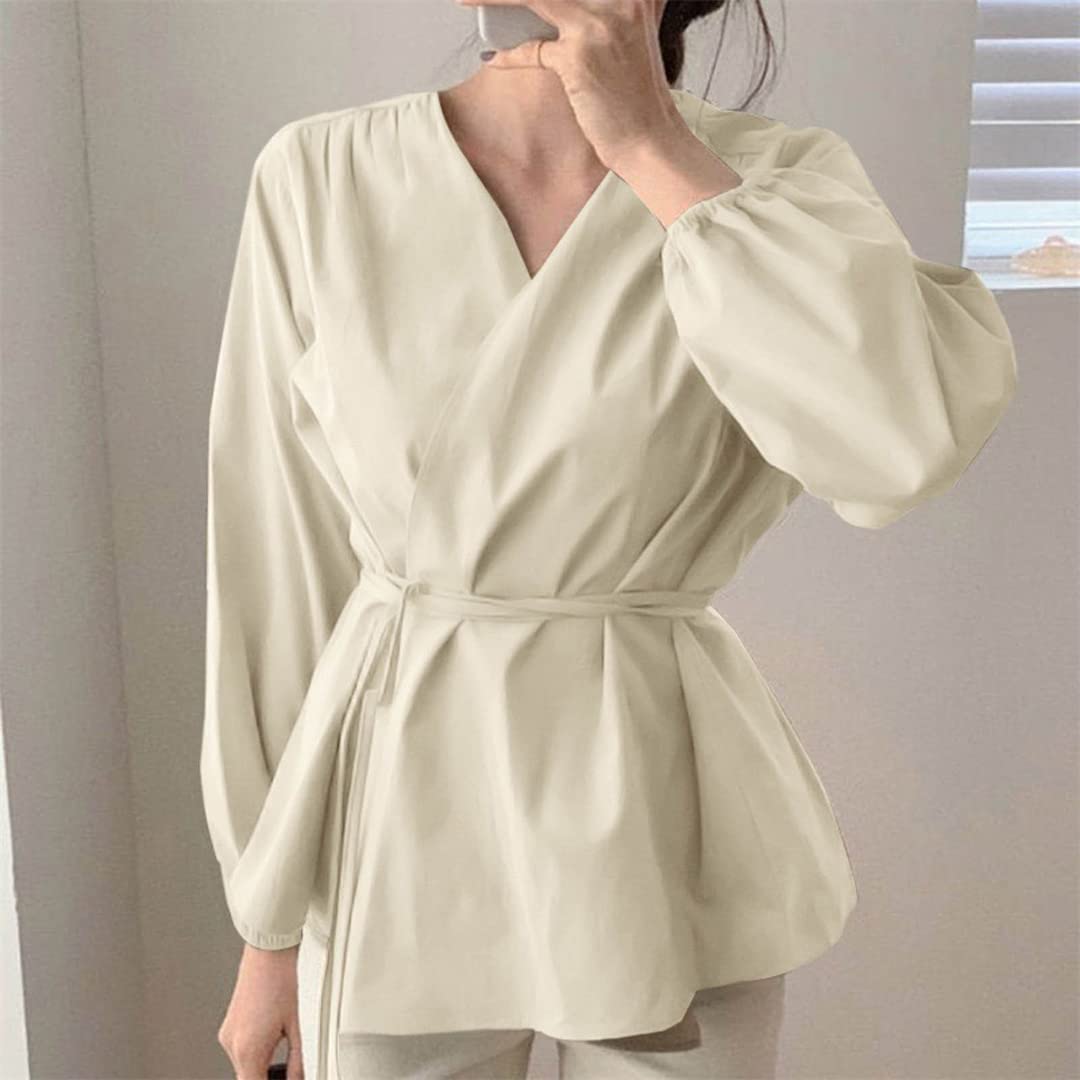 Women's Long Sleeve V-Neck Ruffle Blouse - Off Shoulder Tie Waist Wrap Top in Blue (XXL) | Elegant Casual Wear for Office, Date Night & Special Occasions