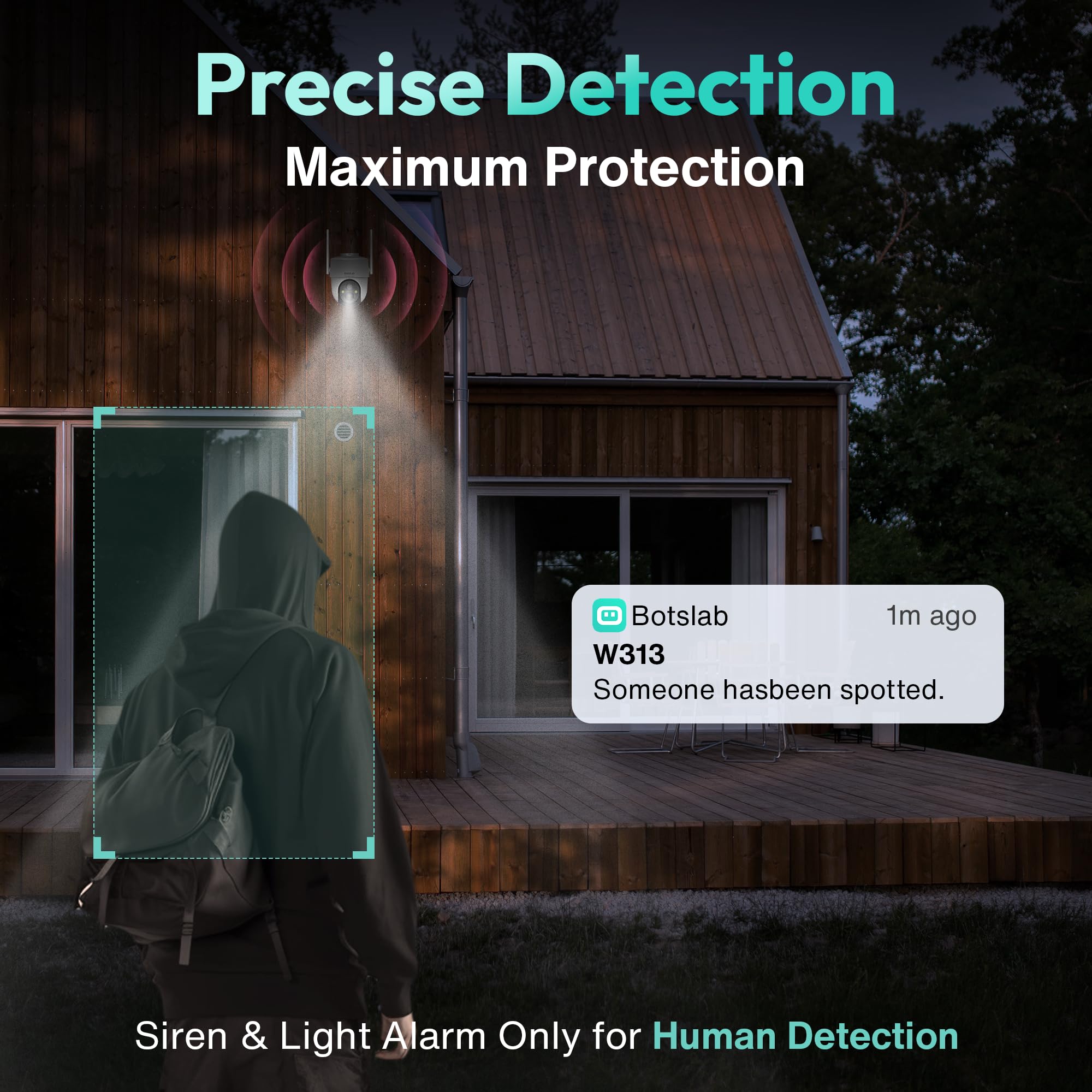 BOTSLAB 2K Solar Security Camera Wireless Outdoor - 360° PTZ Surveillance Camera with Color Night Vision, AI & PIR Motion Detection, 2-Way Audio, 2.4G WiFi, IP65, Alexa & Google Home Compatible - Ideal for Home Security, Backyard Monitoring, and Business Property Protection