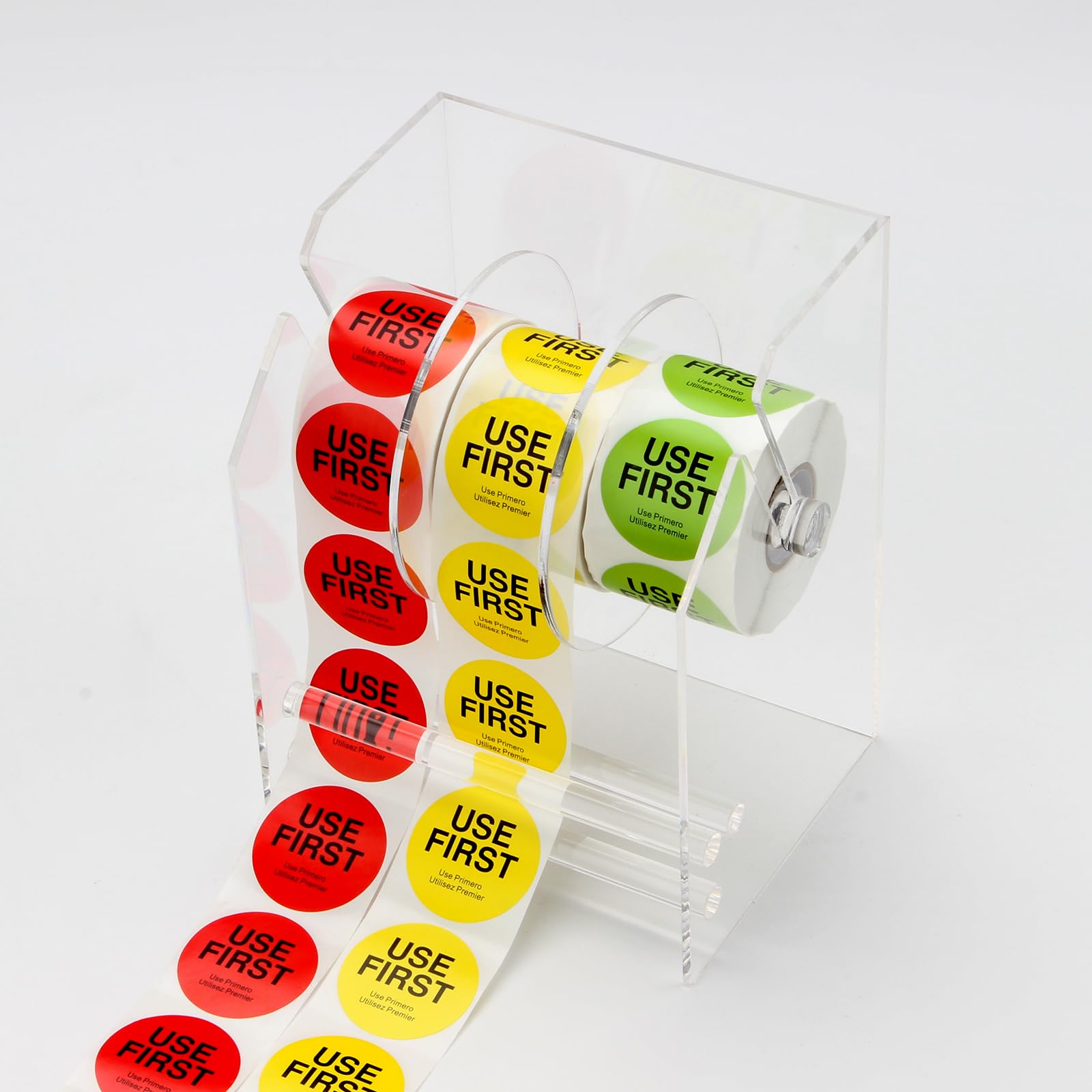 Adjustable Acrylic Label Dispenser - Transparent Sticker Roll Holder for Office & Home Organization - Desktop Sticker Organizer Stand with 3 Disks - Perfect for Mailing, Filing, and Craft Projects