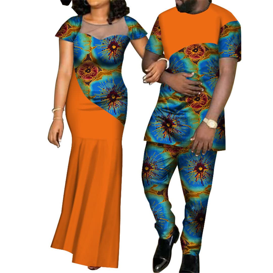 African Print Dresses for Women & Bazin Men's Shirt Pants Sets - Couple Matching Outfits | Traditional Ankara Cotton Fabric | Perfect for Weddings, Parties & Cultural Events (24FS1329, XXL Size)