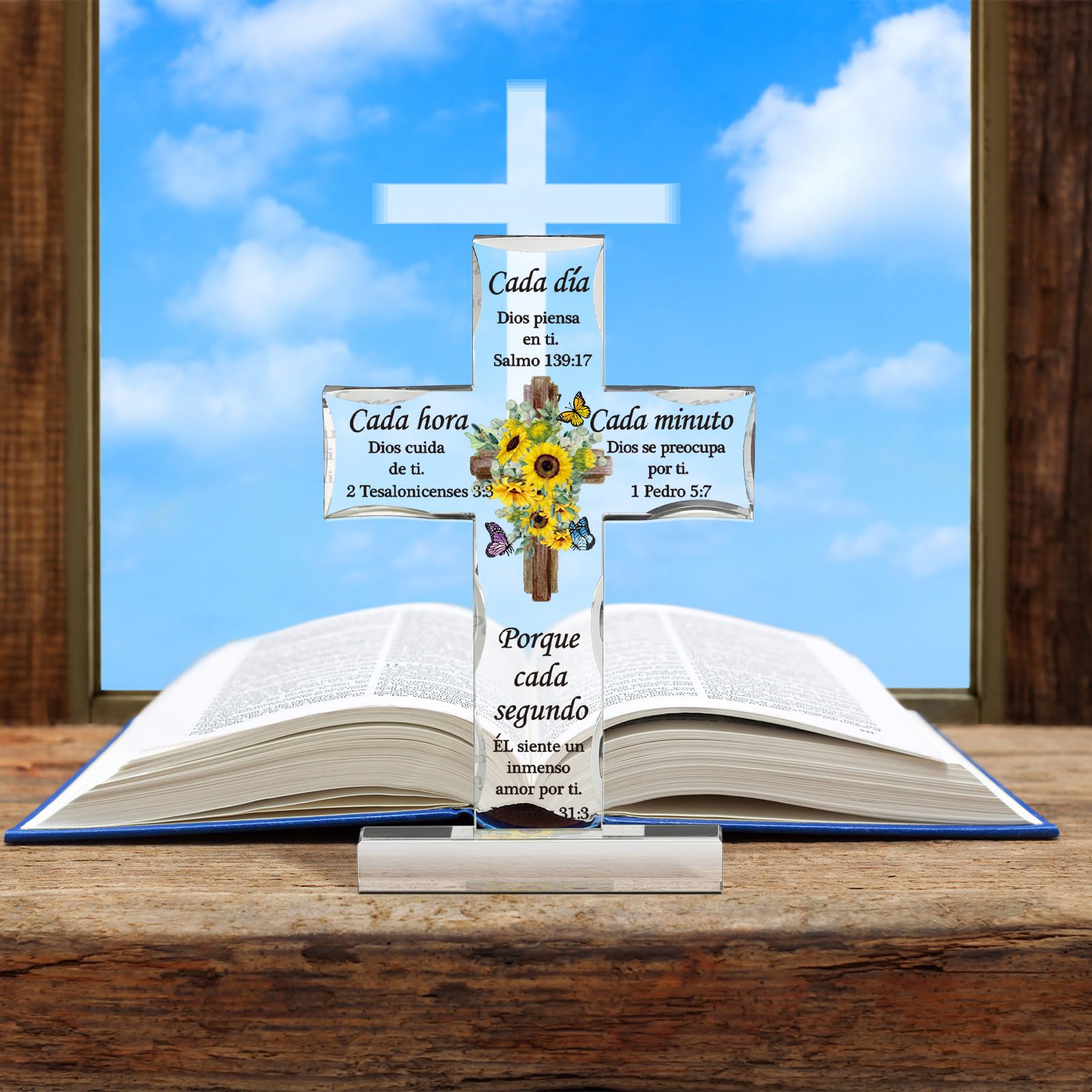 Spanish Christian Acrylic Cross Gift - Inspirational Bible Verse Desk Decor for Home & Office