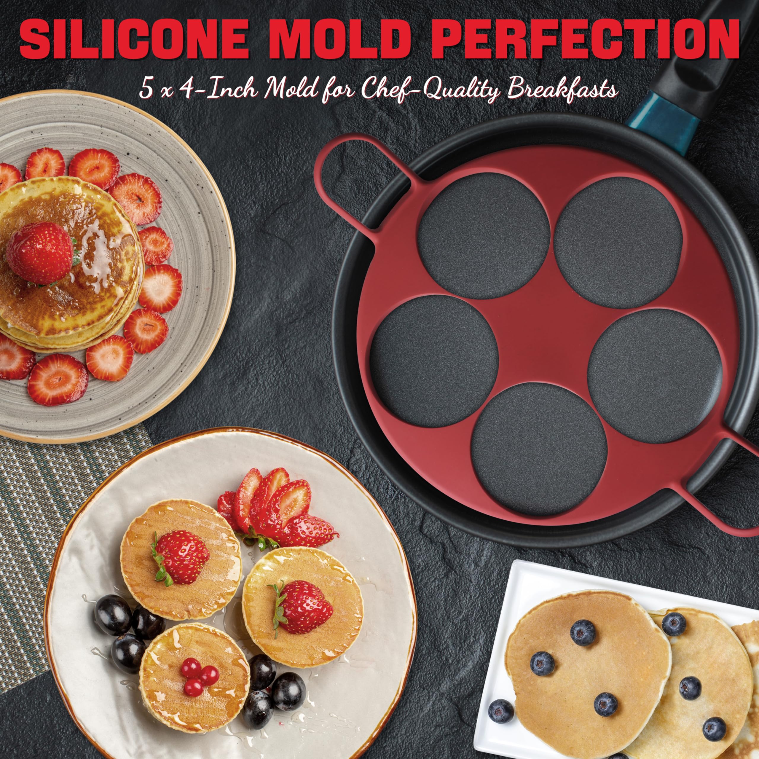 **Silicone Egg Molds for Frying Eggs & Pancakes – 4” x 5 Count (Red) – Perfect for Breakfast Sandwiches, Burgers & Healthy Cooking**