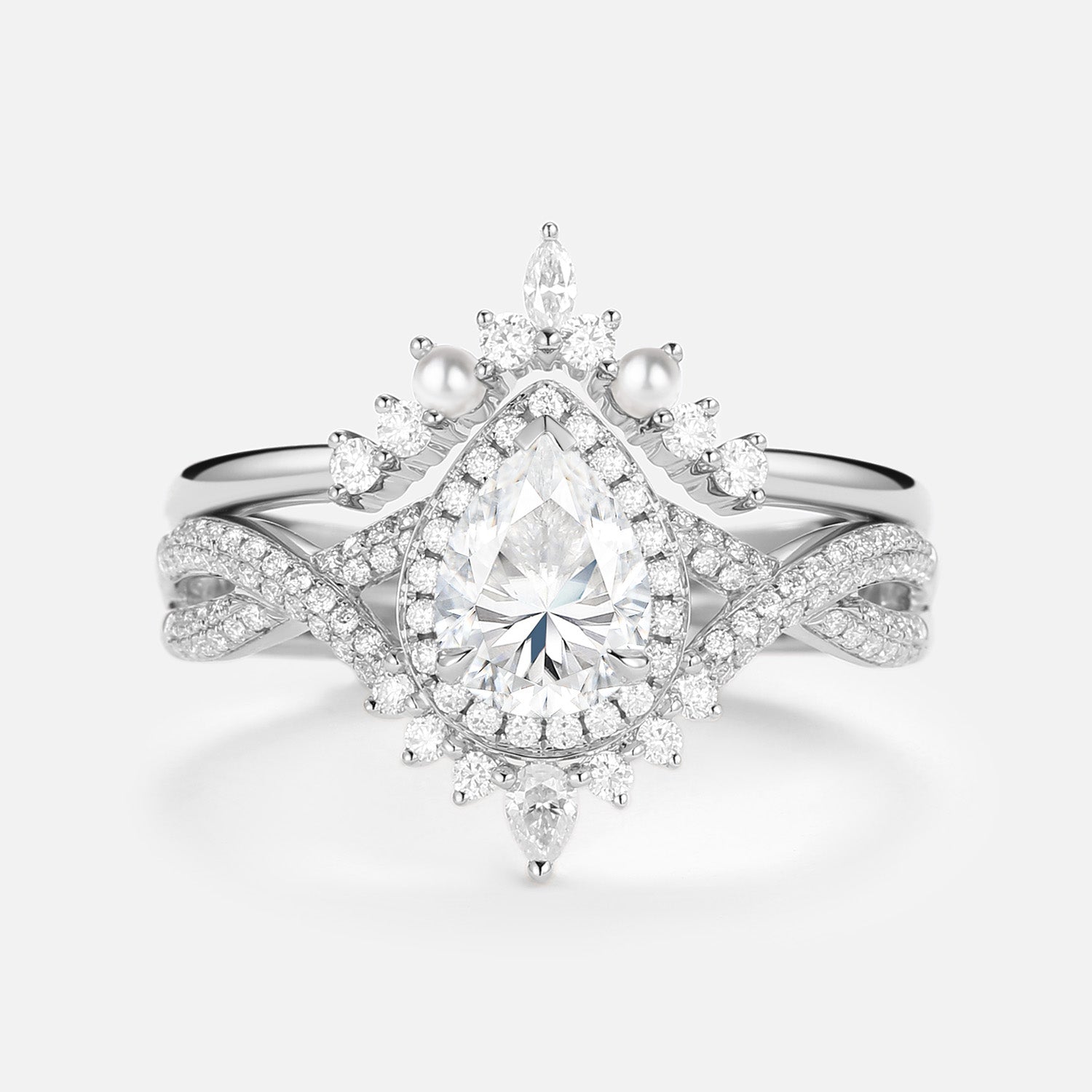 1.5 Carat Pear Cut Moissanite & Pearl Halo Infinity Ring Set - 2 Piece Bridal Jewelry for Engagement, Wedding & Anniversary Gifts