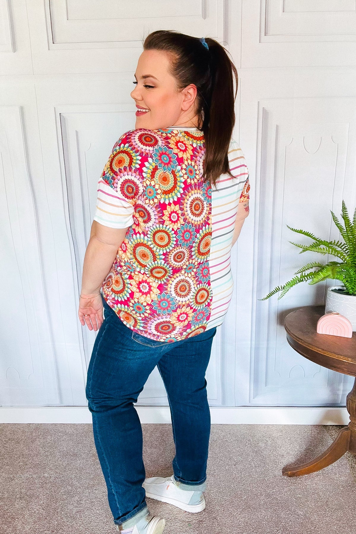 Always Fun Ivory & Fuchsia Stripe Crochet Print Women's Blouse - Casual Summer Tops for Beach, Vacation and Everyday Wear