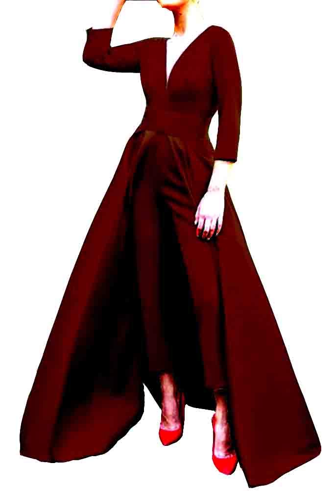 Honeydress Women's A-Line Satin Jumpsuit with Removable Waist Cape - Long Sleeve Evening Dress Prom Gown Pantsuit for Formal Events, Parties & Special Occasions