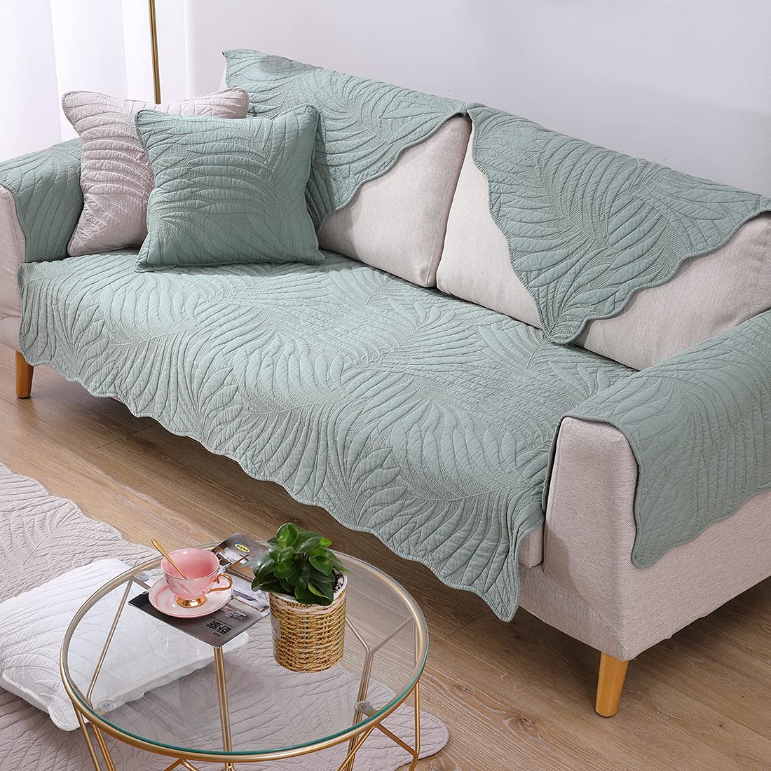 Vctops Leaf Embroidery Cotton Sofa Cover - Non-Slip Sectional Couch Protector for Pets, L-Shaped & Recliner Furniture - Green 28