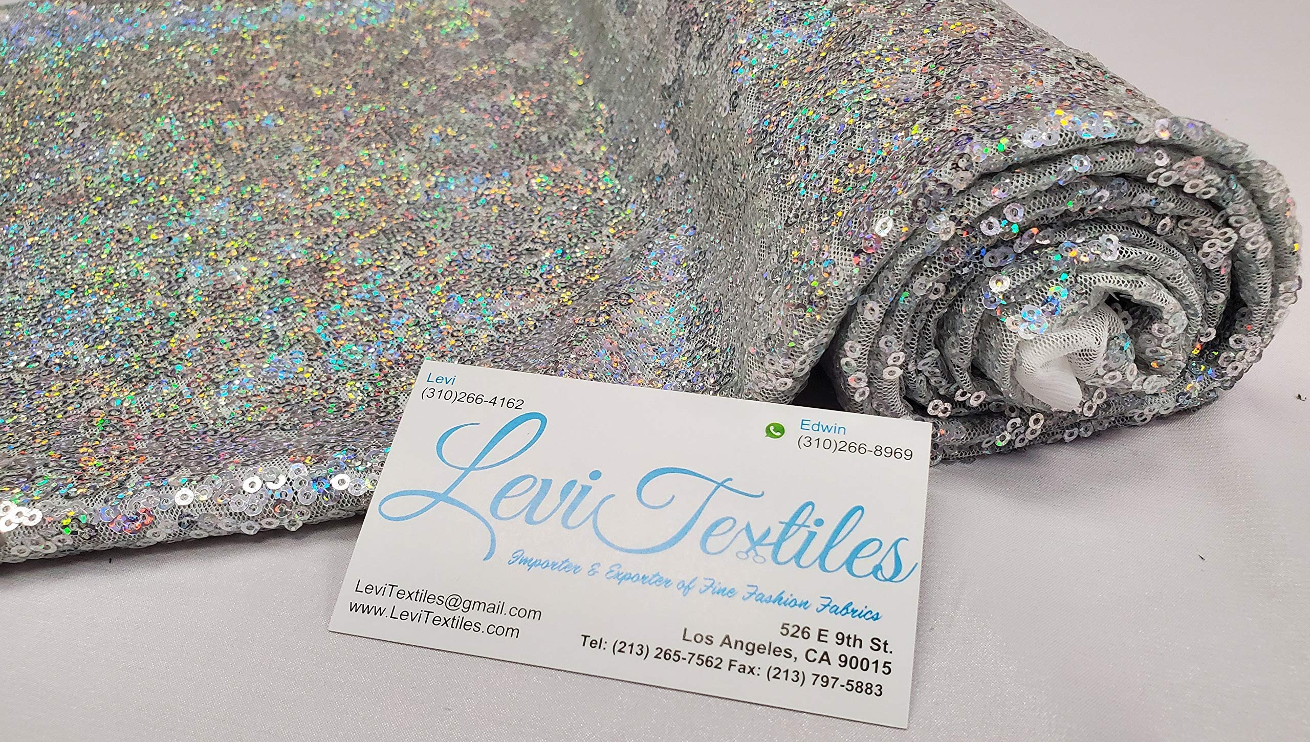 Levi Textiles 3 Feet Iridescent Sequin Fabric by The Yard - Hologram Silver Tablecloth, Linen, Table Runner & Photo Booth Backdrop for Weddings, Parties & Home Decor