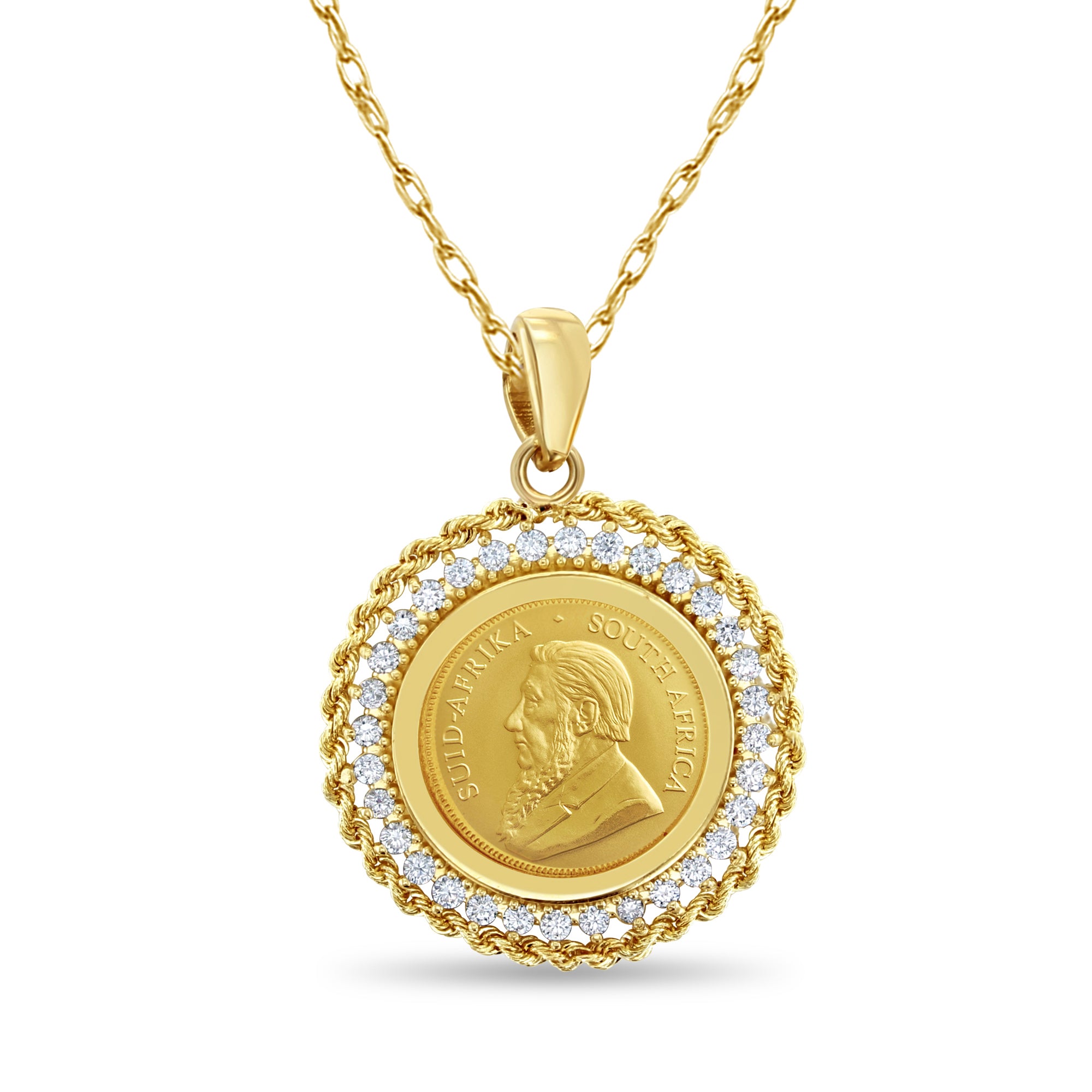 1/10 oz Krugerrand Gold Coin Necklace - Diamond & Rope Design Jewelry for Women, Perfect for Gifts, Anniversaries and Special Occasions