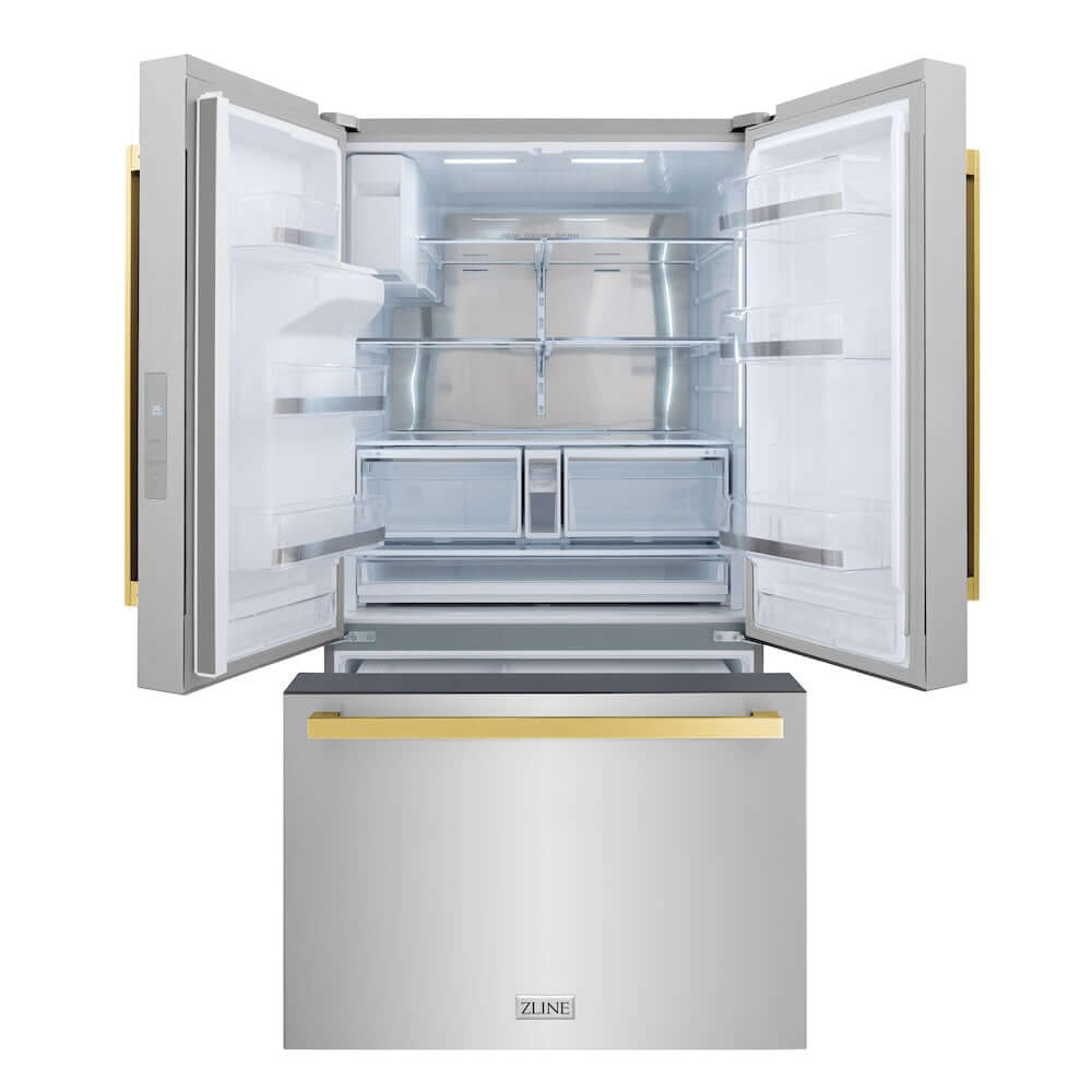 ZLINE Autograph Edition 36 Inch French Door Refrigerator - 28.9 cu.ft Capacity, External Water Dispenser, Dual Ice Maker, Fingerprint Resistant Stainless Steel with Polished Gold Handles (RSMZ W 36 FG) - Perfect for Modern Kitchens and Entertaining Spaces