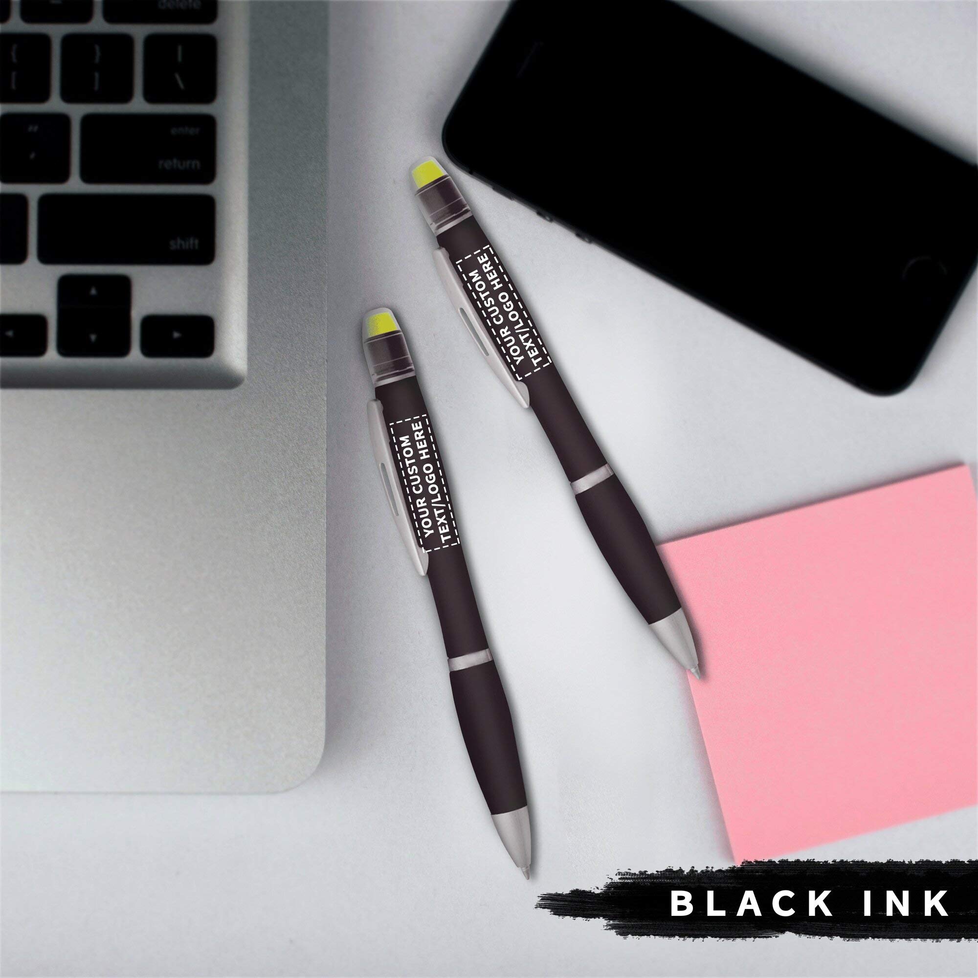 100-Pack Marathon Gel Highlighter Pens with Custom Text/Logo - Smooth Twist Ballpoint for Office, School & Study Notes - Vibrant Black Ink Markers (Bulk Discount)