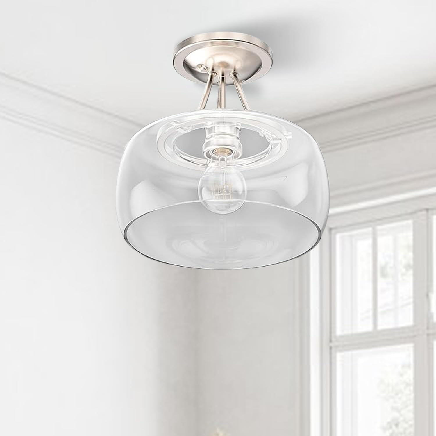 LEDMyplace 1-Light Semi Flush Mount Ceiling Light Fixture - Farmhouse Style with Clear Glass Shade & Brushed Nickel Finish - E26 Base (Bulb Not Included) - Perfect for Kitchen, Bedroom, Living Room, and Hallway Lighting