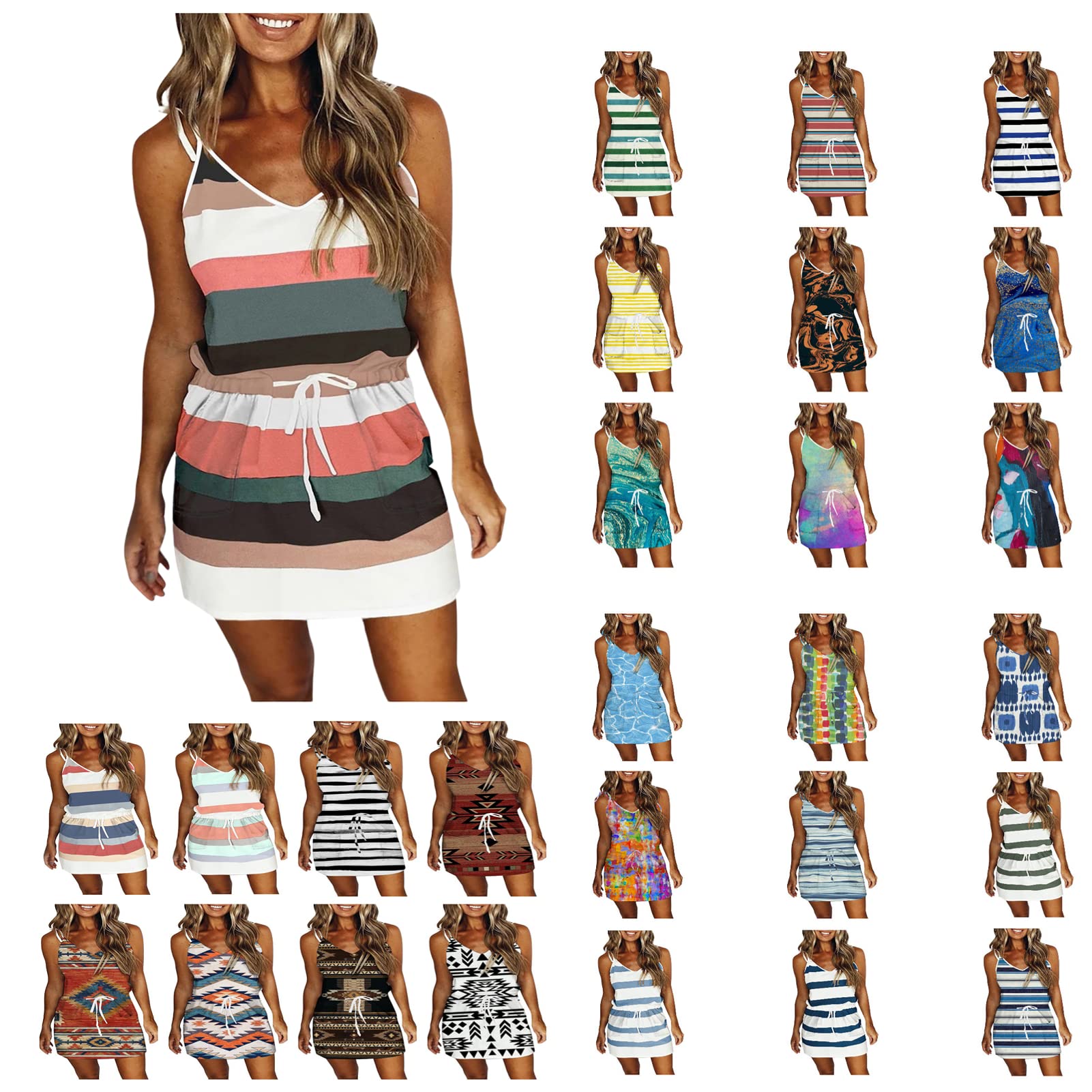 Women's Spaghetti Strap Summer Dress - Elegant Striped V-Neck Mini Sundress with Pockets | Casual Beach Wear, Vacation Outfit, Date Night Dress