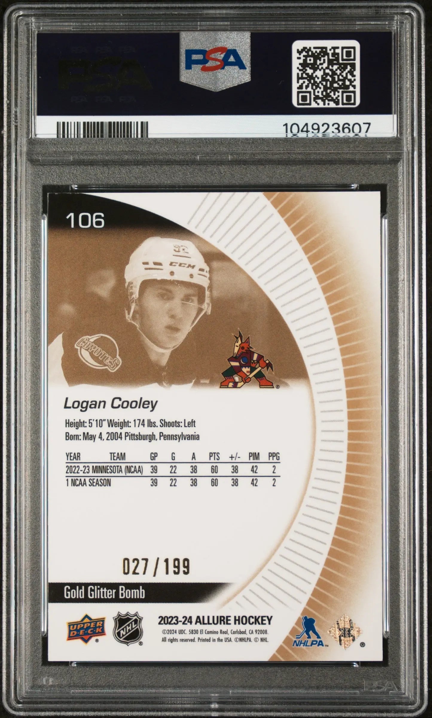 2023-24 Upper Deck Allure Logan Cooley Rookie Gold Glitter Bomb PSA 8 /199 - Rare Hockey Trading Card for Collectors & Sports Fans, Perfect for Display, Investment & Gifting