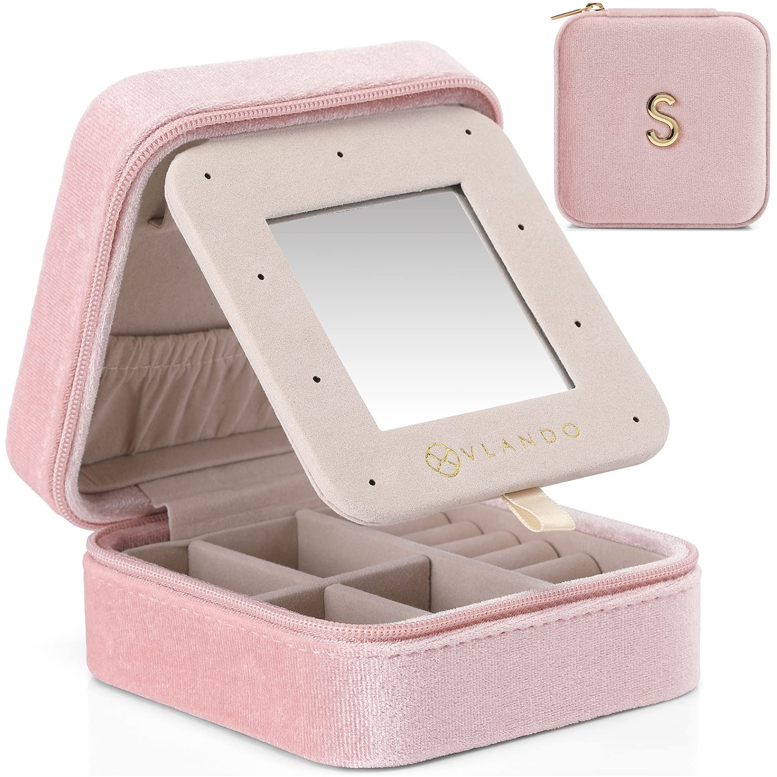 Vlando Pink Velvet Jewelry Box for Women - Travel Jewelry Case for Earrings & Necklaces
