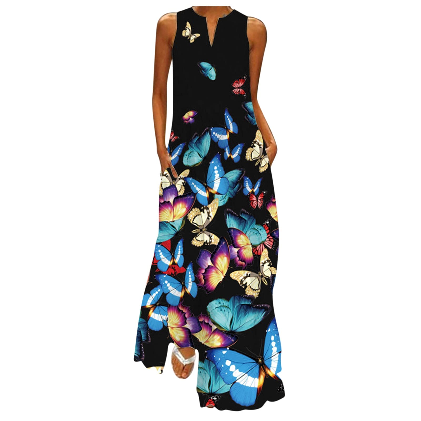 **Women's Summer Maxi Dress with Pockets - Casual Sleeveless Long Dress with Butterfly Print & Spaghetti Straps | Perfect for Beach, Vacation & Outdoor Events**