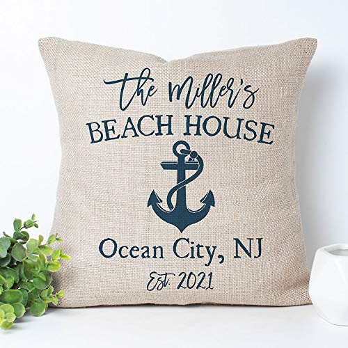 Custom Beach House Pillow - Personalized Coastal Decor for Weddings & Housewarming Gifts | Soft Throw Pillow for Beach Homes, Porch & Vacation House Decor