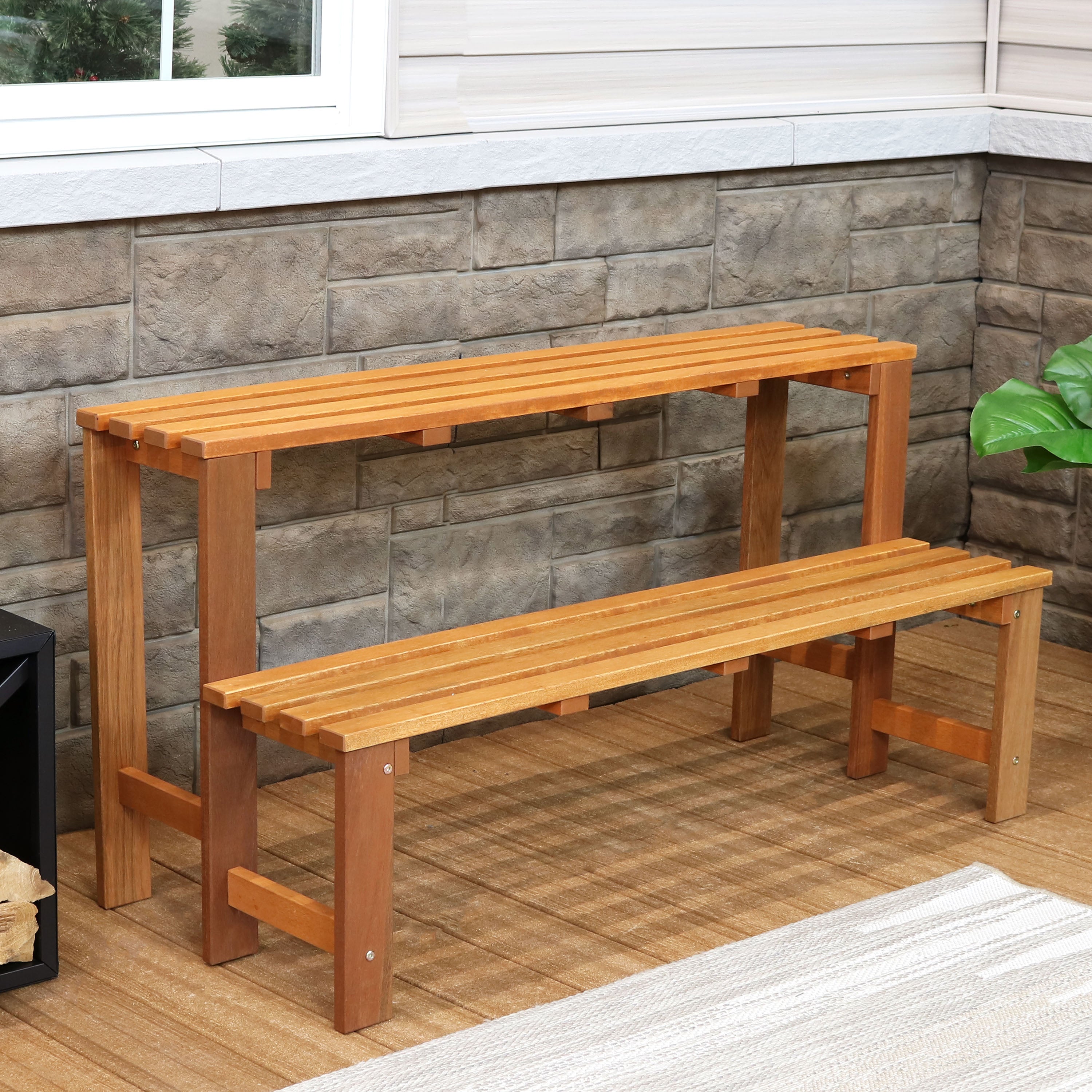 Sunnydaze 2-Tier Meranti Wood Outdoor Plant Stand with Teak Oil Finish - Perfect for Patio, Garden, and Balcony Decor