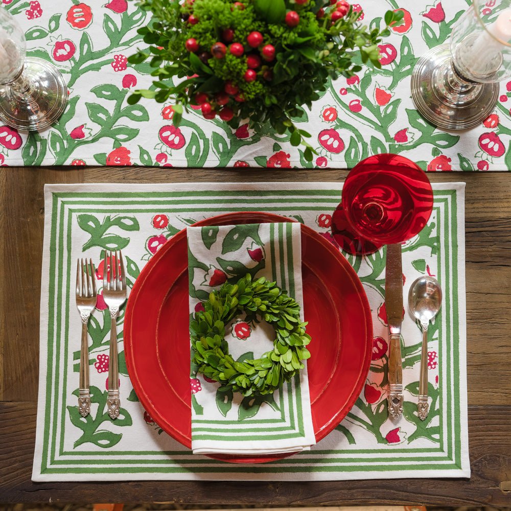 Emma Red & Green Placemats Set of 4 - Premium Cotton Table Mats for Dining, Kitchen Decor & Holiday Table Settings - Perfect for Christmas, Thanksgiving & Everyday Use