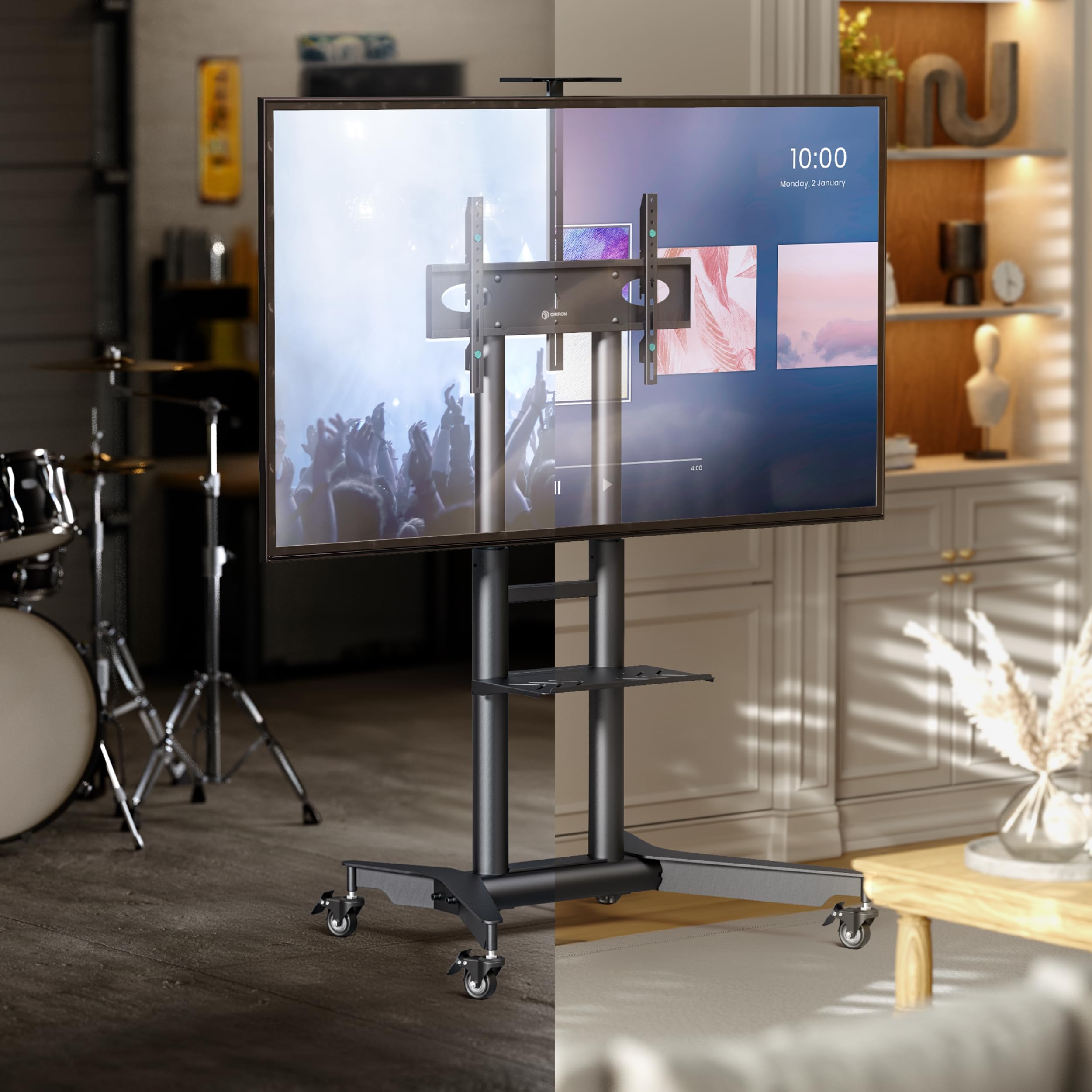 ONKRON Adjustable Height Mobile TV Stand on Wheels for 32-75 Inch TVs up to 132 lbs, Rolling TV Cart with Shelf - Portable TV Moving Stand for Living Room, Bedroom, Office (Black, Max VESA 600x400)