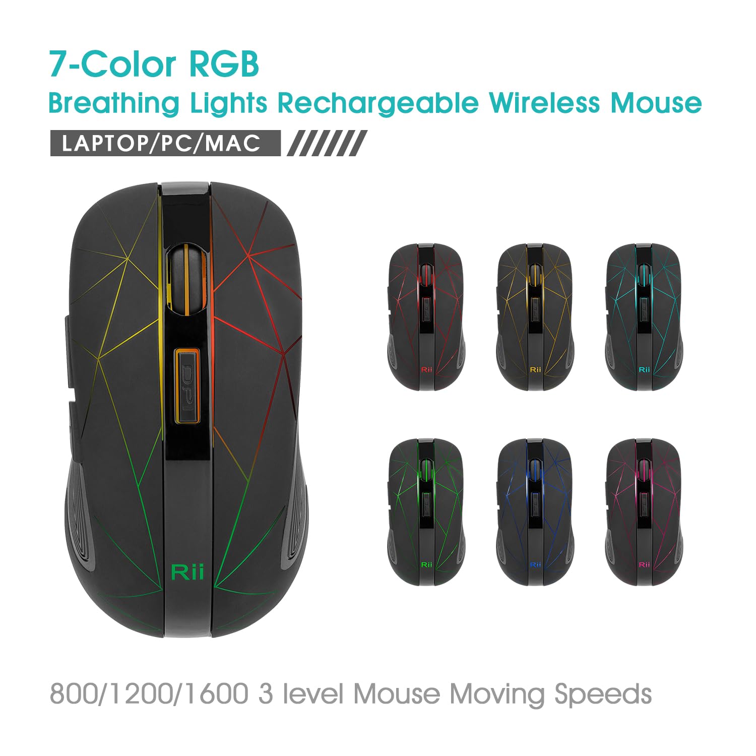 Rii RM200 Wireless RGB Rechargeable Mouse - 6 Buttons, 3 Adjustable DPI Speeds, USB Nano Receiver for PC Laptop MacBook - Perfect for Gaming, Office Work & Home Use