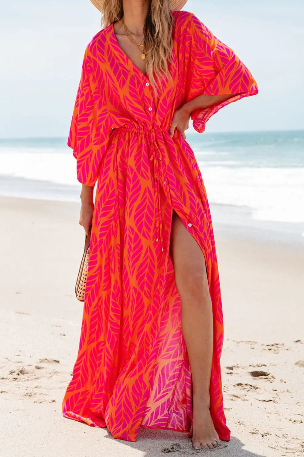 Stylish Printed V Neck Maxi Dress with Drawstring Waist - Perfect for Beach Vacations, Summer Parties & Casual Outings
