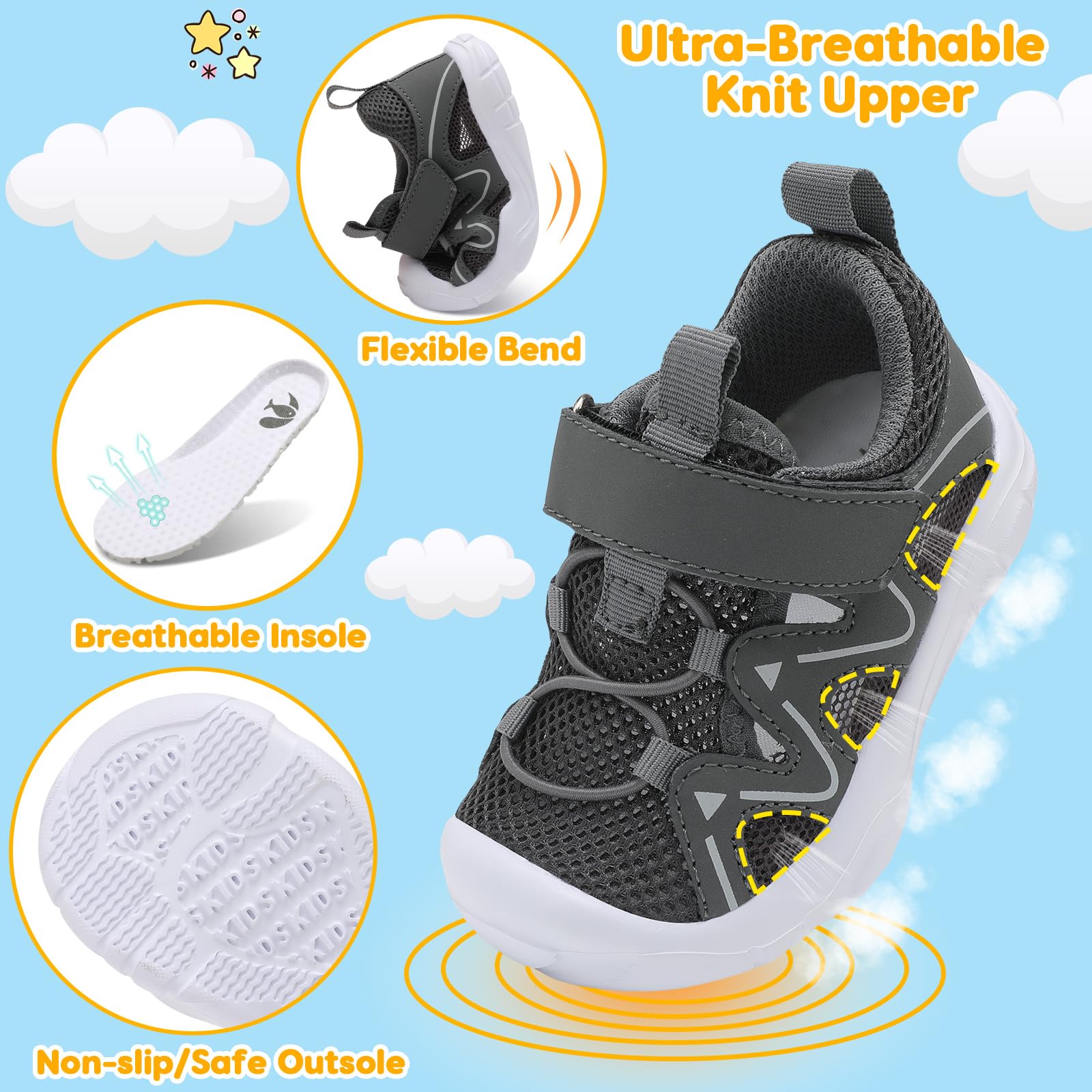 FEETCITY Wide Toddler Shoes - Slip On Sneakers for Boys & Girls - Breathable Lightweight Tennis Shoes for Kids - Non-Slip Walking Shoes for Playground, School & Daily Activities