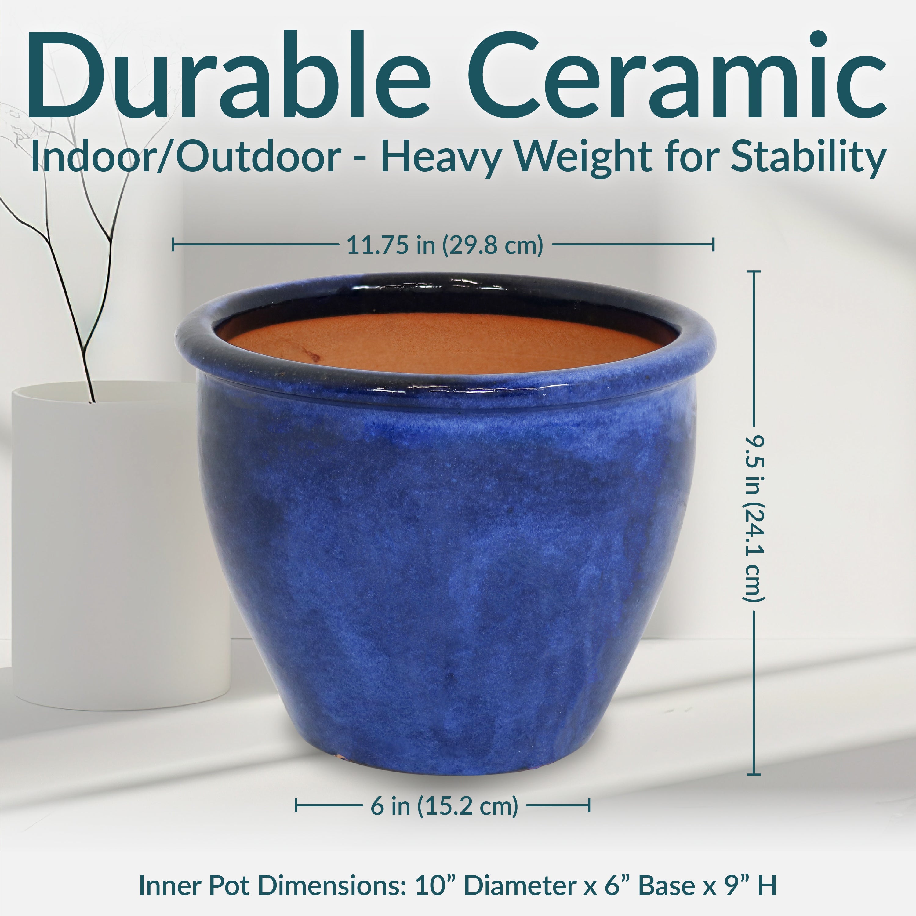 Sunnydaze Chalet Glazed Ceramic Plant Pots with Drainage Holes - Set of 2, Indoor Outdoor Garden Decor for Flowers, Succulents, Herbs - Perfect for Patio, Balcony, and Home Décor