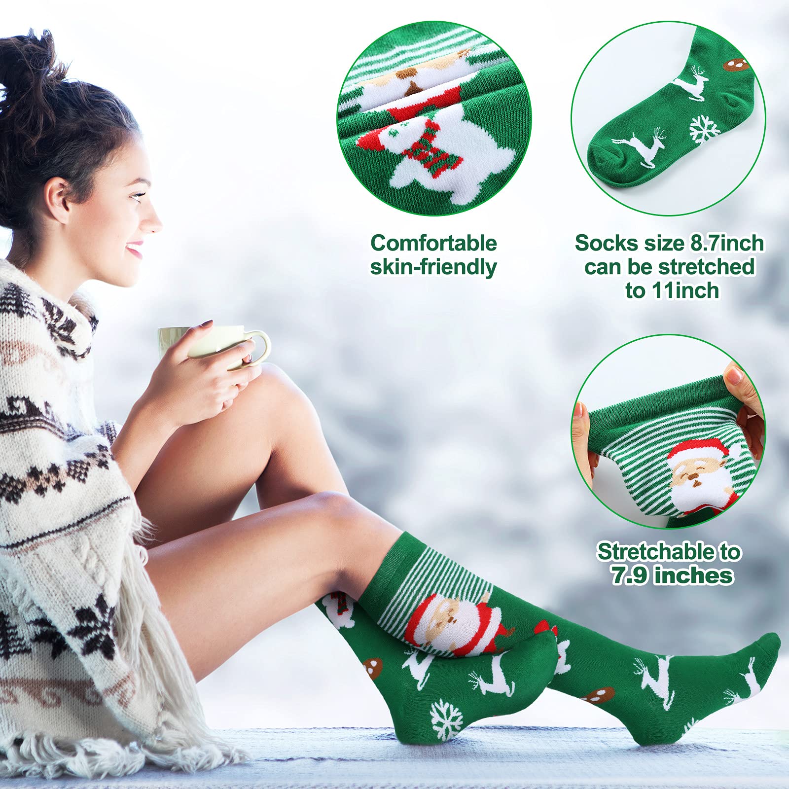 3 Pairs Fun Christmas Cotton Socks - Striped Knee High Holiday Socks for Women & Girls - Santa, Reindeer & Gingerbread Man Designs - Colorful Novelty Xmas Compression Socks - Perfect for Gifts, Parties & Festive Outfits
