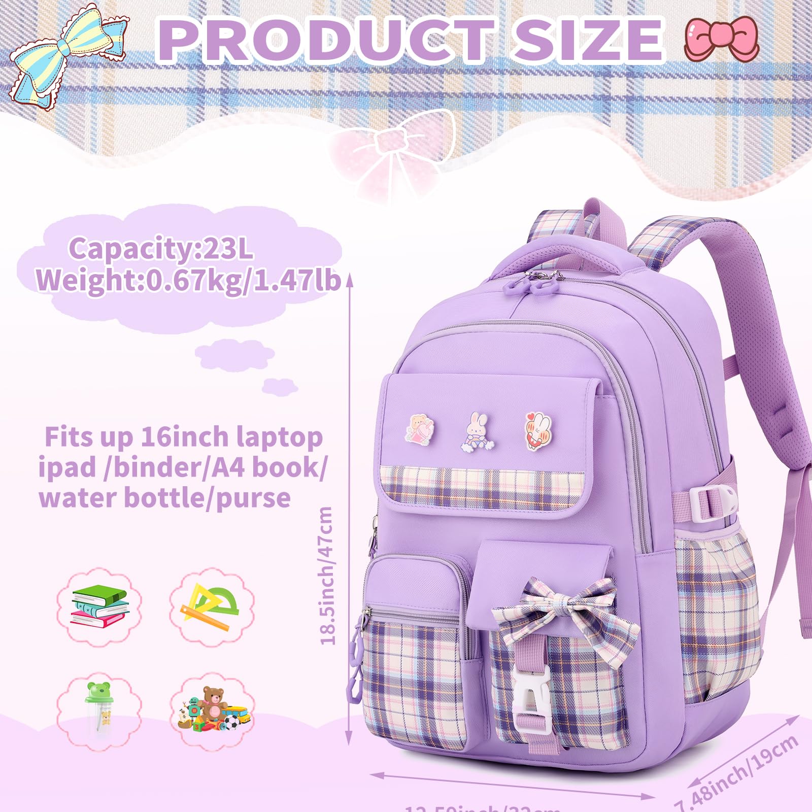 Cute Girls Backpack for School - Lightweight Teen & Kids Book Bag for Kindergarten, Elementary, Middle School - Perfect for Daily Use, Travel & Outdoor Activities (Black)