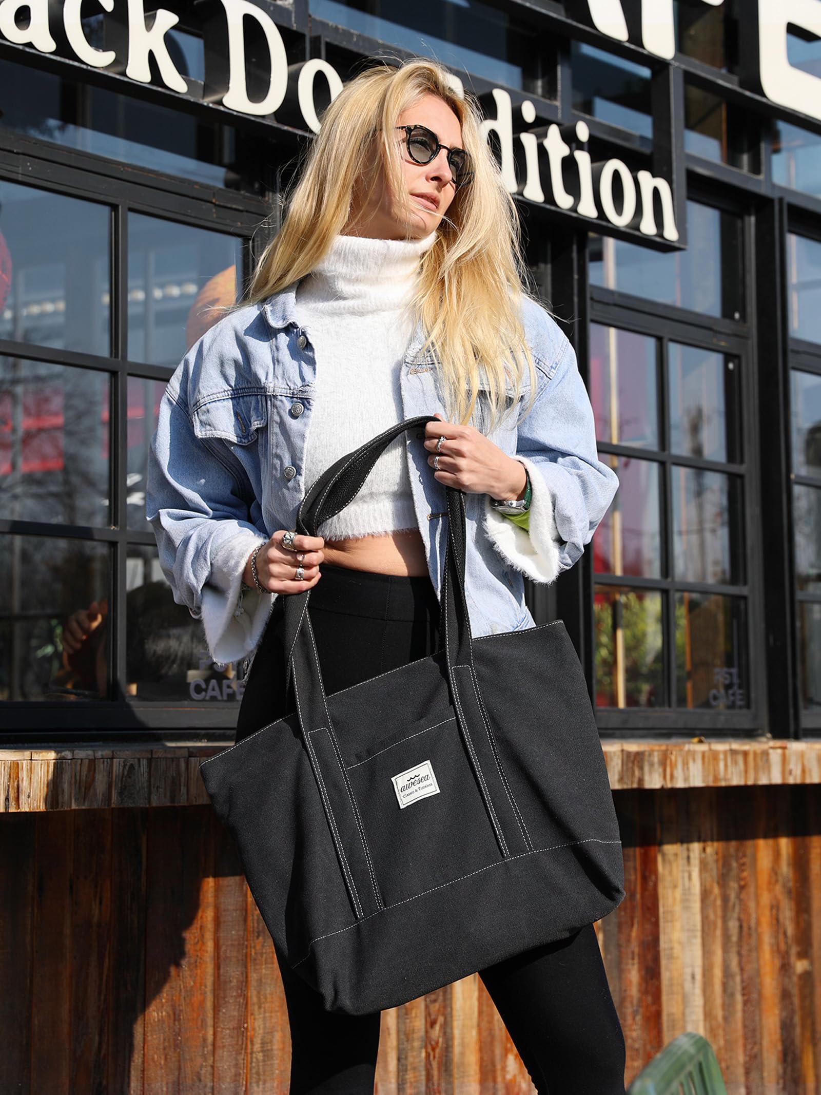 Stylish Large Canvas Tote Bag with Zipper for Women - Durable & Spacious Shoulder Bag with Front Pocket - Perfect for Work, Travel, Shopping & Beach Day Essentials