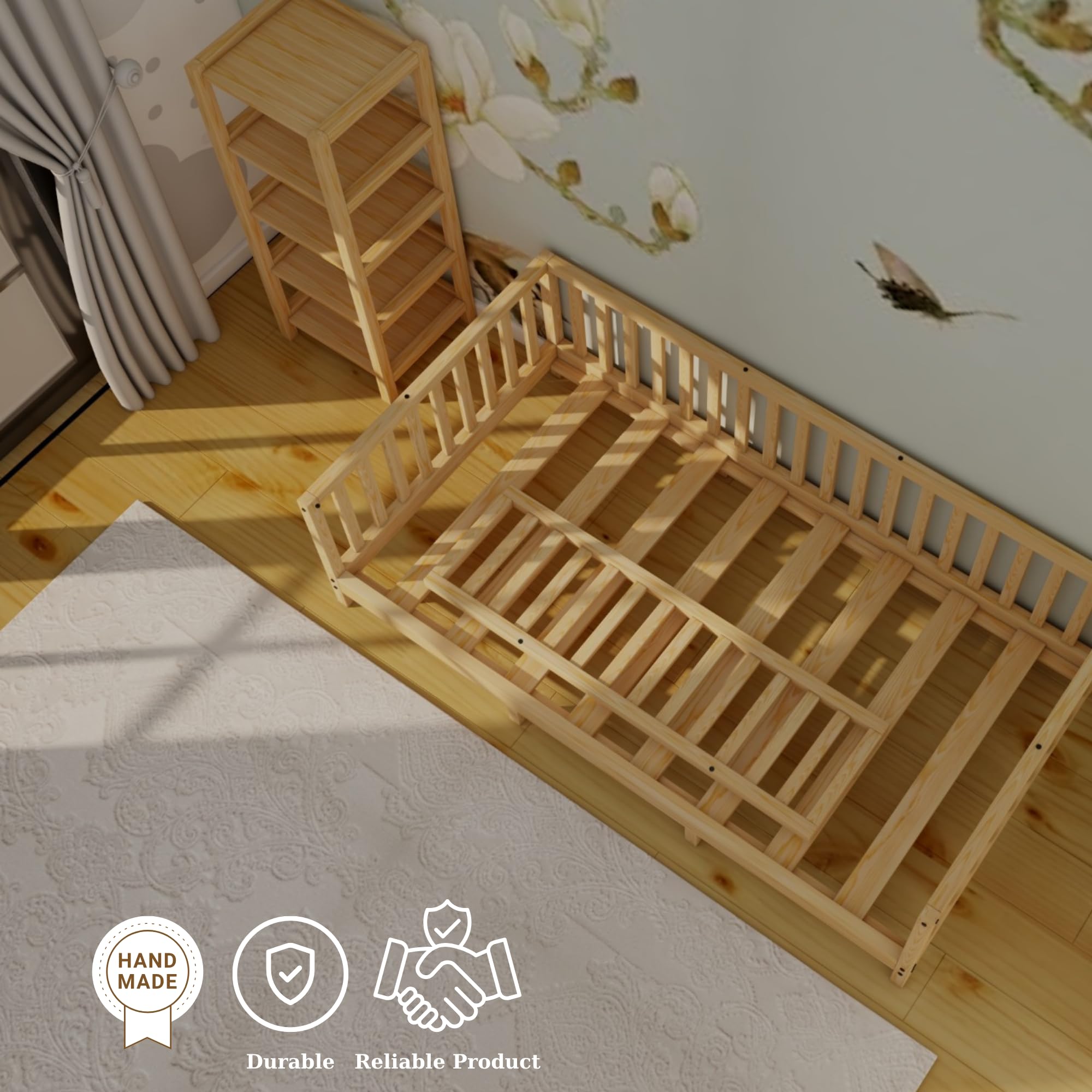 Montessori Floor Bed for Kids - Open Front Design, Solid Pine Wood Frame with Slats | Sturdy & Safe Toddler Bed for Boys & Girls (23