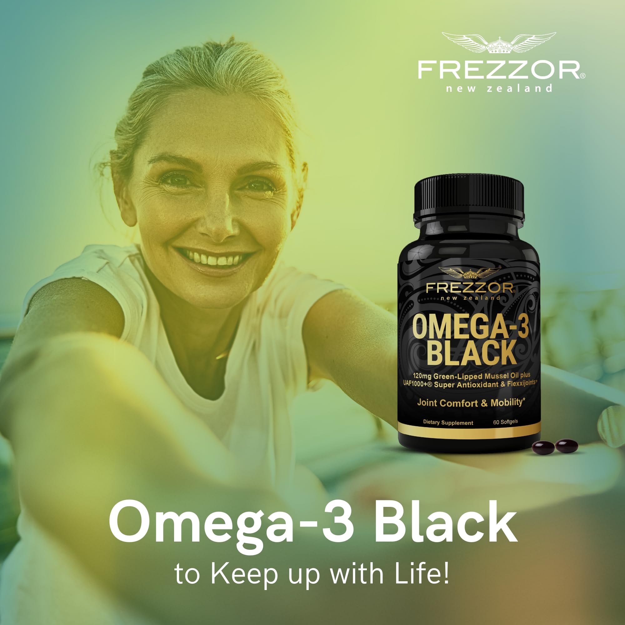 FREZZOR Omega 3 Black - Premium 1000mg Green Lipped Mussel Oil Capsules from New Zealand | Ultra High Strength UAF1000+ | Supports Joint Health, Reduces Inflammation, Boosts Heart & Immune System | 60 Capsules (4-Pack) | Ideal for Active Lifestyles, Arthritis Relief & Daily Wellness