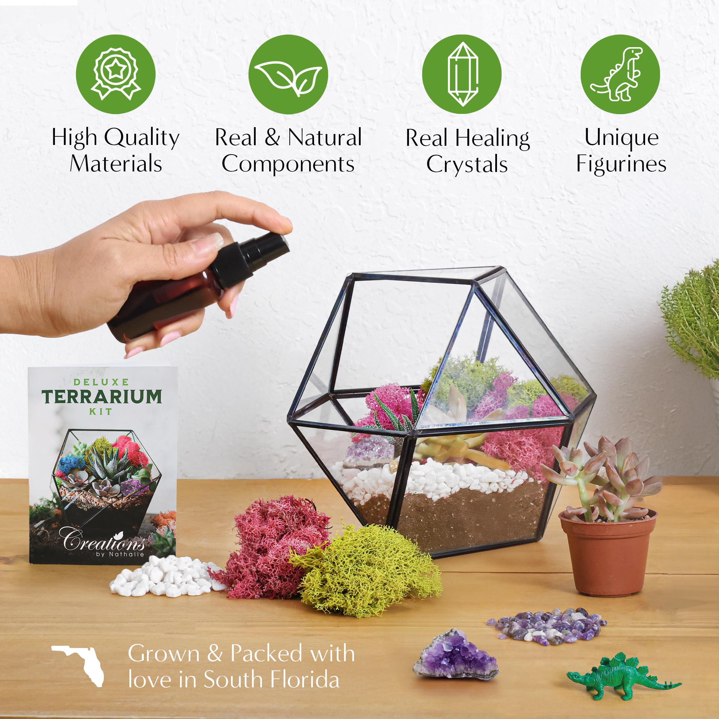 DIY Large Terrarium Starter Kit with Soil, Moss, Pebbles, Healing Crystal, Tools & Supplies – Handcrafted in USA Terrarium Kit for Adults & Kids – Perfect for Home Decor, Gifts, and Indoor Gardening Projects