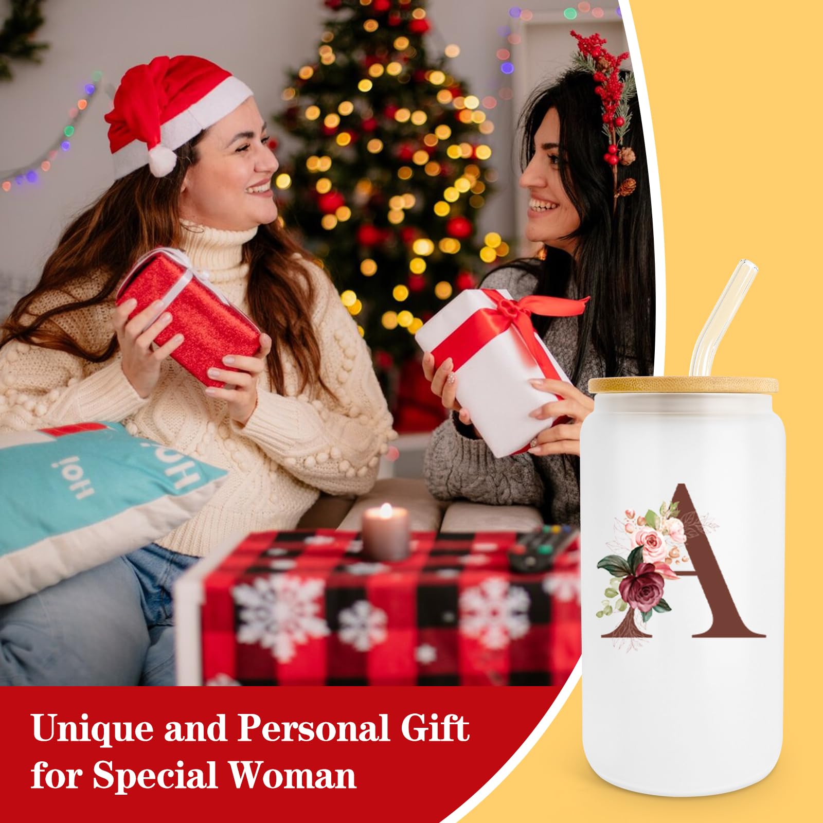 Personalized 16 Oz Glass Tumbler with Lid & Straw - Custom Monogrammed Coffee Cup - Perfect Birthday, Mother's Day Gift for Women - Ideal for Iced Coffee, Smoothies & Office Use