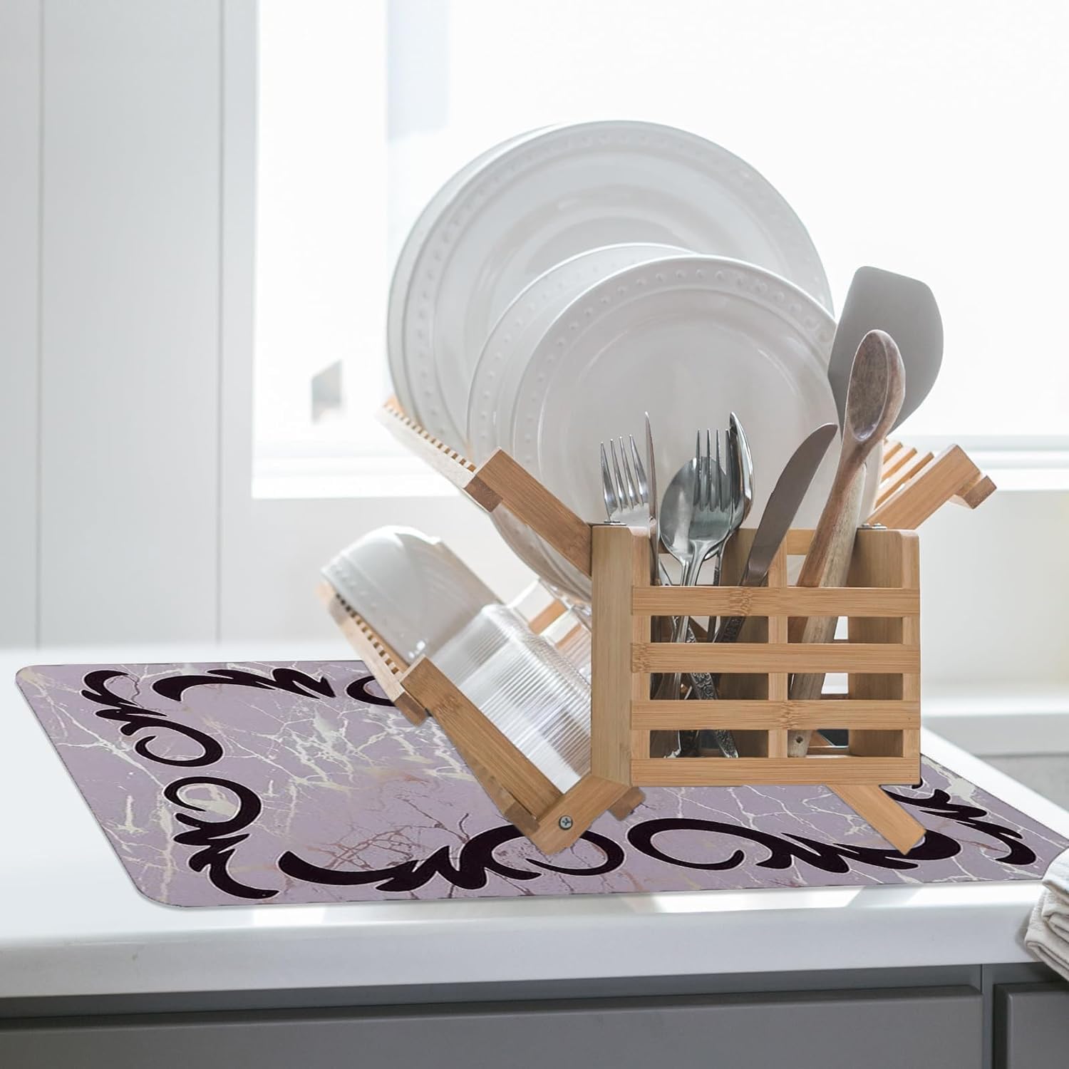 IVAZA Large Absorbent Dish Drying Mat for Kitchen - 30x40cm Non-Slip Silicone Drying Pad for Dishes, Utensils & Cookware - Quick Dry Kitchen Counter Protector (Baby Purple, Pack of 1) - Perfect for Countertops, Sinks & Dish Racks