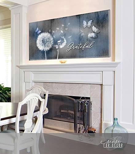 Grateful Dandelions & Butterfly Wall Art - Rustic Bedroom Decor Pictures for Walls (60x27, Sky Blue) | Perfect for Boho Home Decor, Living Room & Nursery Wall Art