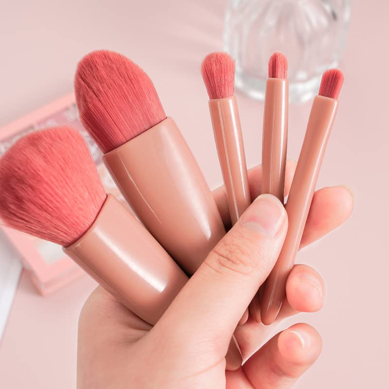MINISO 5-Piece Travel Makeup Brush Set with Mirror & Case - Lip, Blending, Powder & Eyeshadow Brushes - Portable Cosmetic Kit for On-the-Go Makeup Application | Perfect for Travel, Gym & Touch-Ups