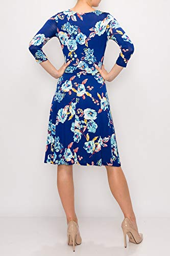 Women's Navy Blue 3/4 Sleeve Faux Wrap Midi Dress - Made in USA, Knee Length Summer Dress for Wedding Guest, Party, Bridal Shower, Baby Shower & Maternity Nursing - Perfect for Office Work, Date Night and Cocktail Events