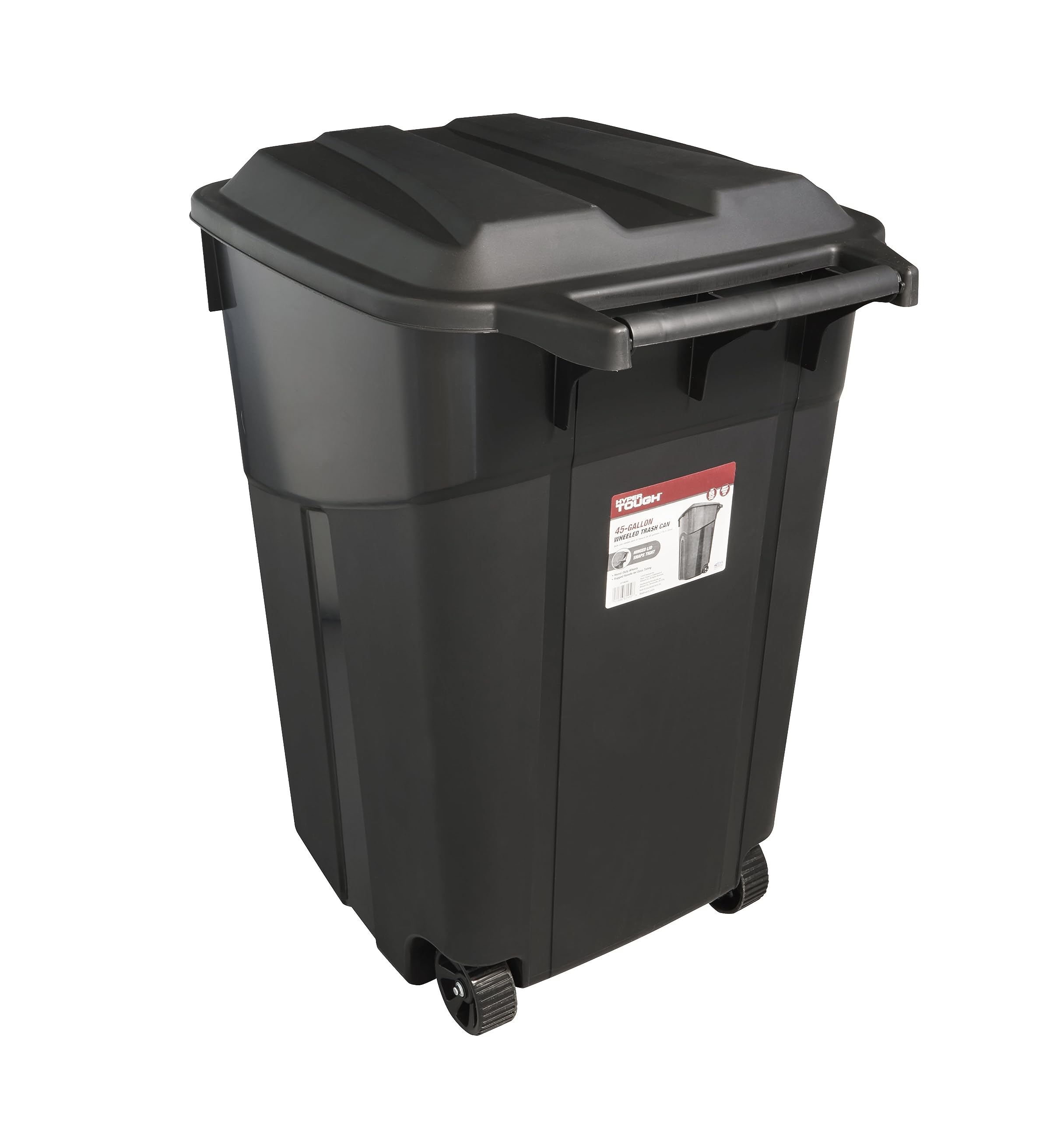 45 Gallon Heavy Duty Wheeled Trash Can with Lid & Handle - Large Outdoor/Indoor Garbage Bin for Garden, Yard, Kitchen & Commercial Use - Durable Plastic Waste Container (Black)