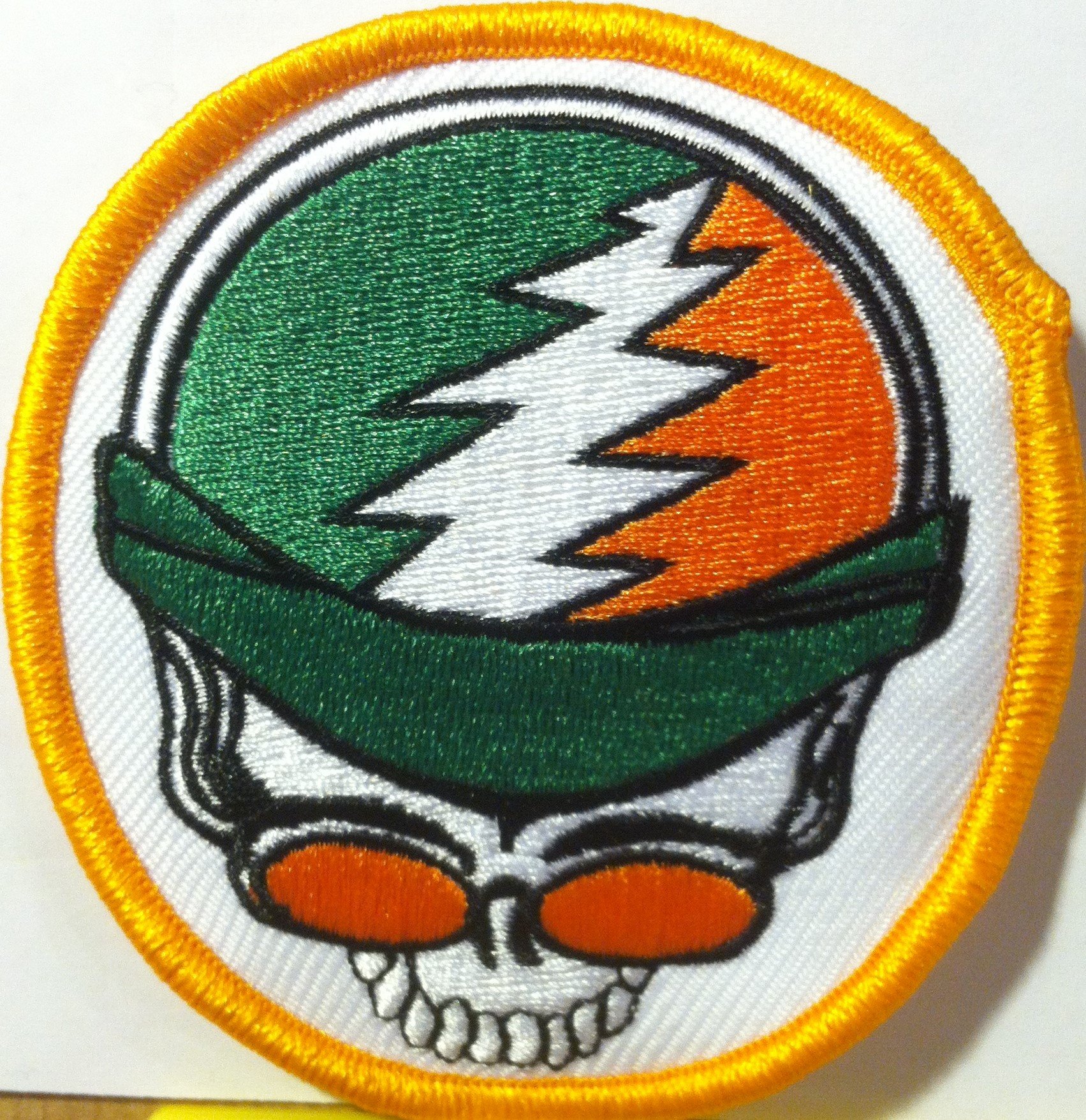 Skull Biker Iron-on Patch with Orange & Green Embroidery - DIY Denim Jacket, Backpack & Motorcycle Vest Decoration for Punk & Rock Style