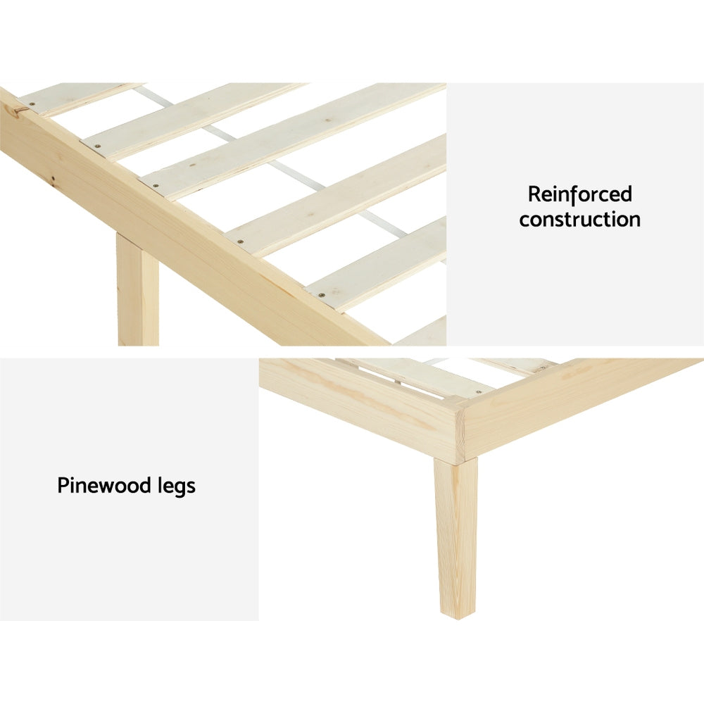 Bruno Minimalist Solid Pinewood Bed Frame - Queen Size, Natural Wood Finish | Perfect for Modern Bedrooms, Guest Rooms & Small Spaces